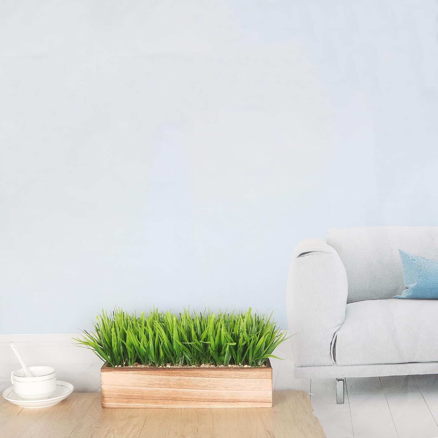 COTSEN 11 Inch Artificial Green Grass Plant Fake Potted Plant Rectangular Wooden Planter Box are Suitable for Family Office Wedding Store Indoor Outdoor Decor