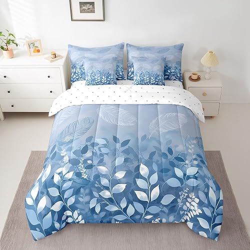 Feelyou Vintage Blue Floral 7 Piece Bedding Set Twin Size Botanical Gradient Lea