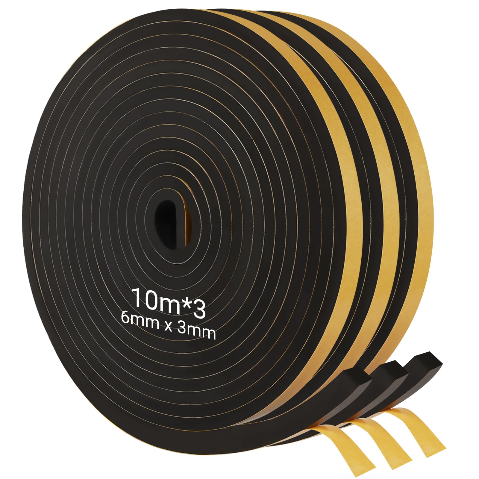 6mm(W) x3mm(T) Self Adhesive Foam Strip 3 Rolls Total 30M Long Foam Tape