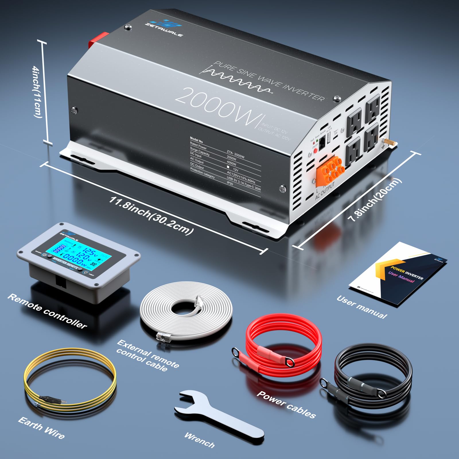 2000W 12V DC 110V 120V AC 4 wyjścia AC, USB Type-C, zdalne sterowanie LCD do ciężarówki, RV