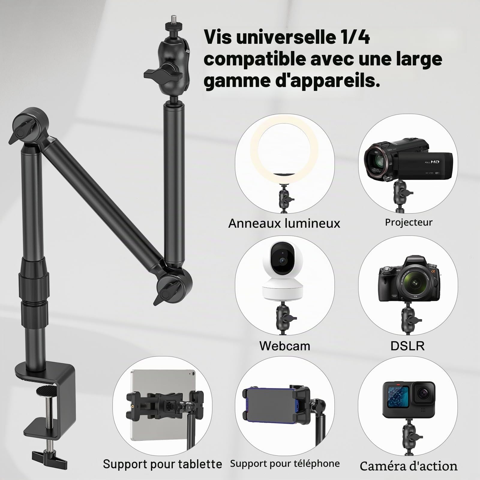 Support de Caméra de Bureau Overhead, Support de Webcam de 78,9" avec Vis 1/4", Pince C avec Bras de Microphone Réglable à 360° pour Caméras DSLR, Ring Light, Projecteur, Webcam, Microphone.