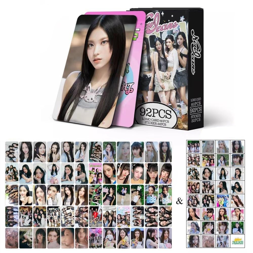 ZRHMCJEN 92Pcs New-Jeans 60Pcs Greetings Mini Cards Photo Cards Kpop Postcards and 32 Stickers Minji Hanni Danielle Haerin Hyein