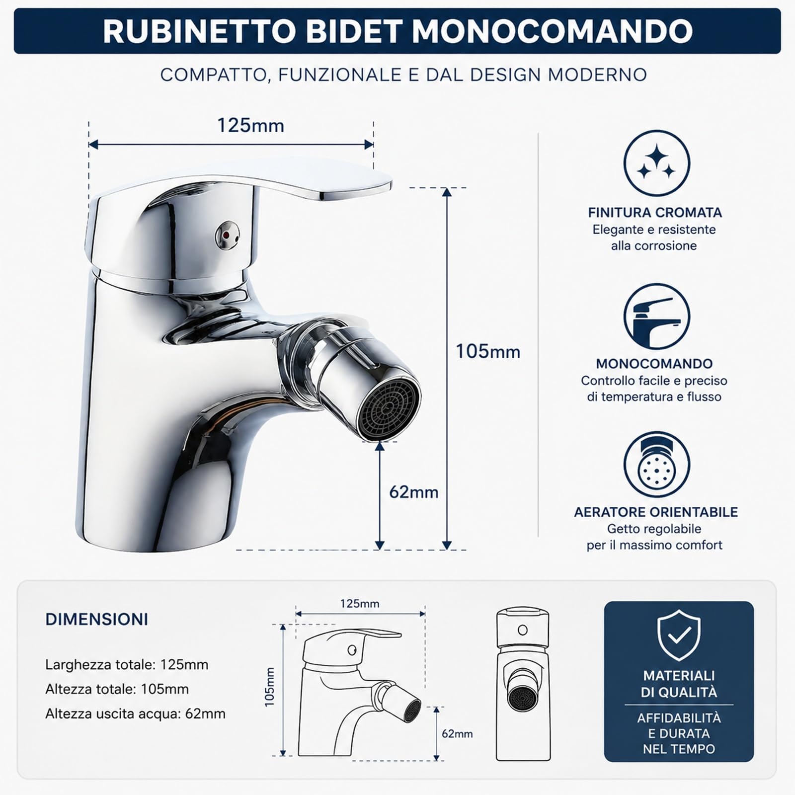 Rubinetto Monoforo Bidet Miscelatore Monocomando Bagno in Ottone Cromato | Design Moderno, Facile da Installare, Alta Resistenza, Finitura Elegante 52330A