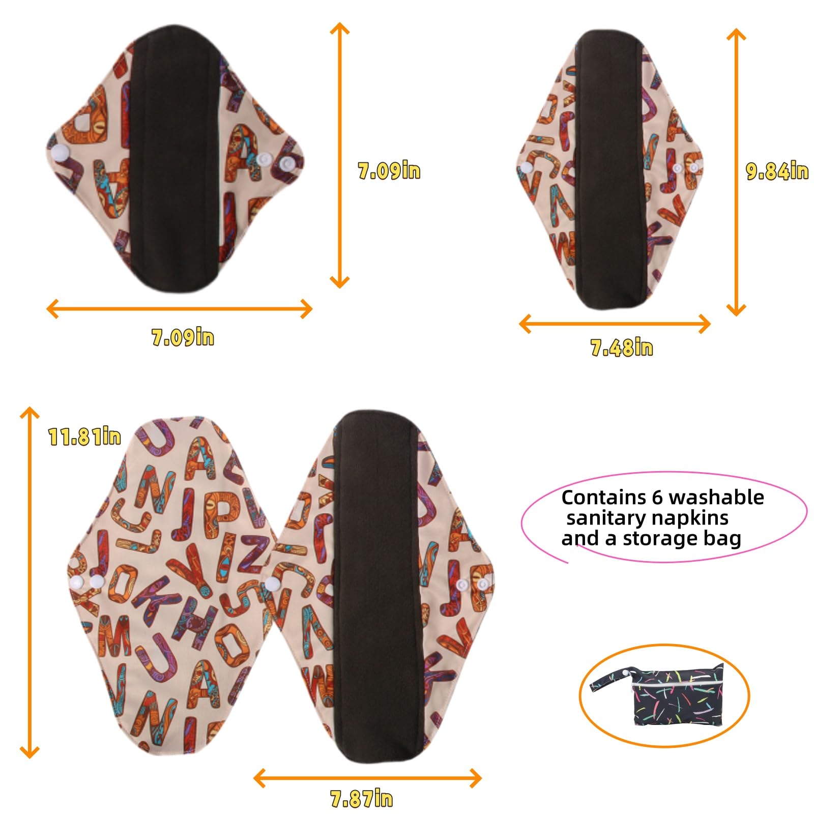Washable Overnight Cloth Panty Liners Period Pads,Washable Sanitary Pad with Wings,Reusable Sanitary Pads for Women,7pcs/Set,Pack of 6+1 Storage Bag,Cloth Sanitary