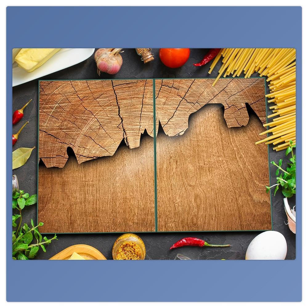 Herdabdeckplatte Abdeckung Ceranfeld Abdeckplatte Schneidebrett 2-Teilig 80x52 Holz Braun Spritzschutz Glasplatte Ceranfeldabdeckung Schutz Herdschutz Sicherheitsglas Glasschneidebrett 2x40x52