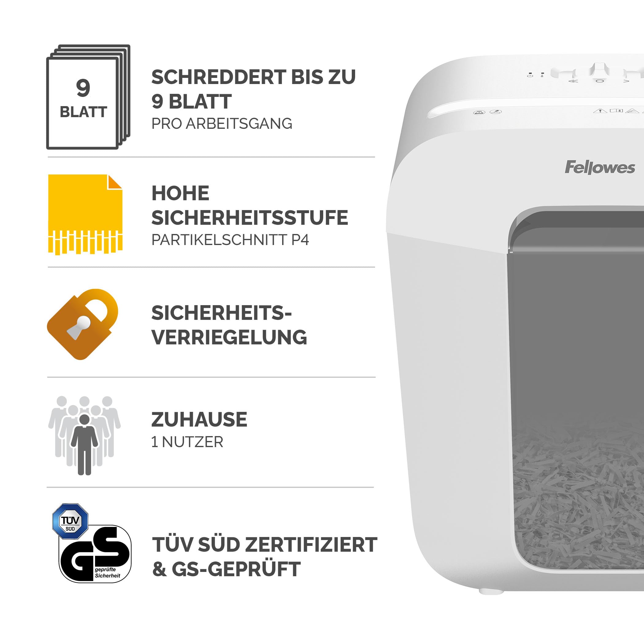 Fellowes Aktenvernichter 9 Blatt (P4), Papierschredder Mit