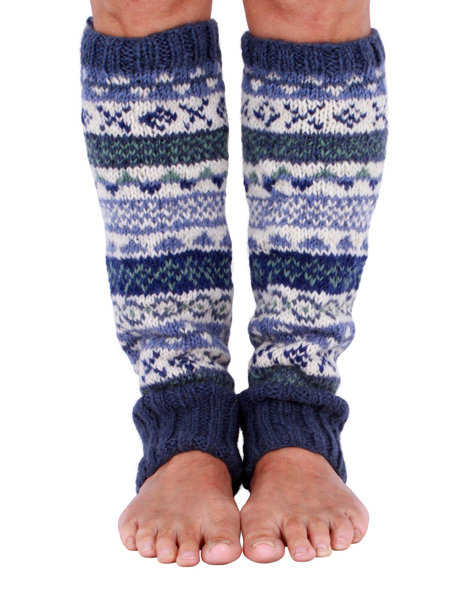 Pachamama Women's Denim 100% Wool Legwarmer Handknitted Fair Isle Pattern Multicoloured Regular Fit Handmade Extra Warm