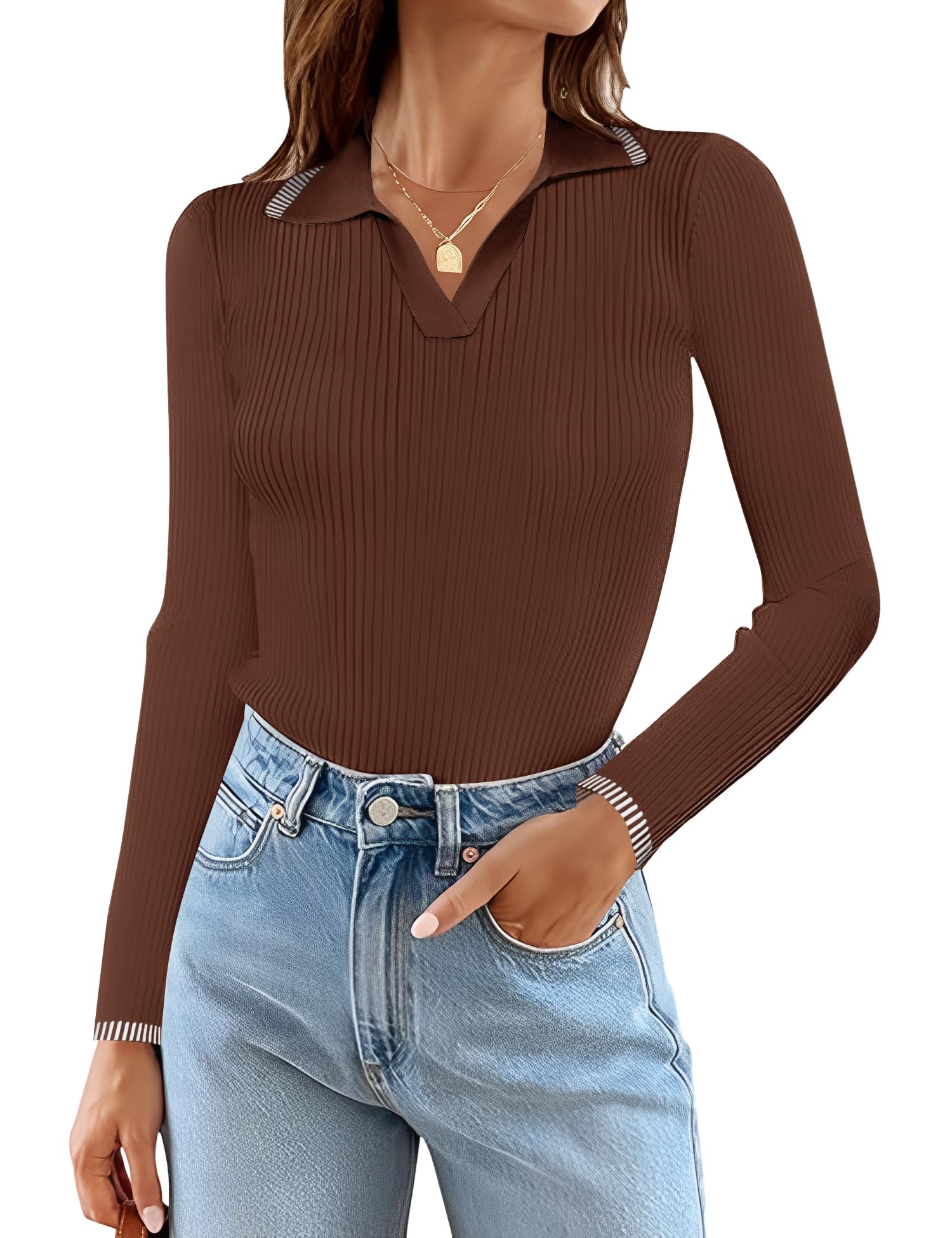 Rapbin Women's V Neck Long Sleeve Ribbed Knit Pullover Sweater Slim Fitted Casual Basic Tee Tops