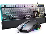 RedThunder K10 Clavier de jeu filaire et la souris et le repos de poignet Combo, RGB Clavier rétroéclairé, anti-ghosting + 7D 7200 DPI Mice+Soft Wrist Repos en cuir 3 en 1 PC Gamer (ligne de contour)
