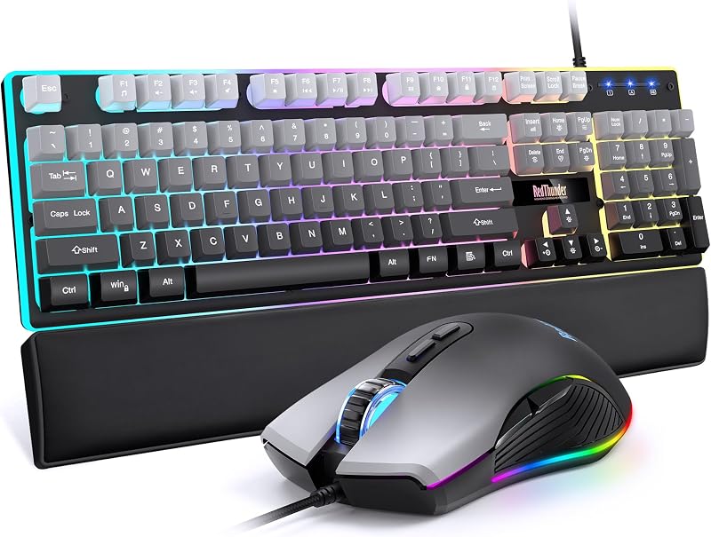 Teclado para juegos con cable K10, combo de reposamuñecas para mouse, retroiluminación RGB, teclado anti-fantasma con sensación mecánica + ratones 7D 7200 DPI + reposamuñecas de cuero suave Accesorios para jugadores de PC 3 en 1 (gris degradado)
