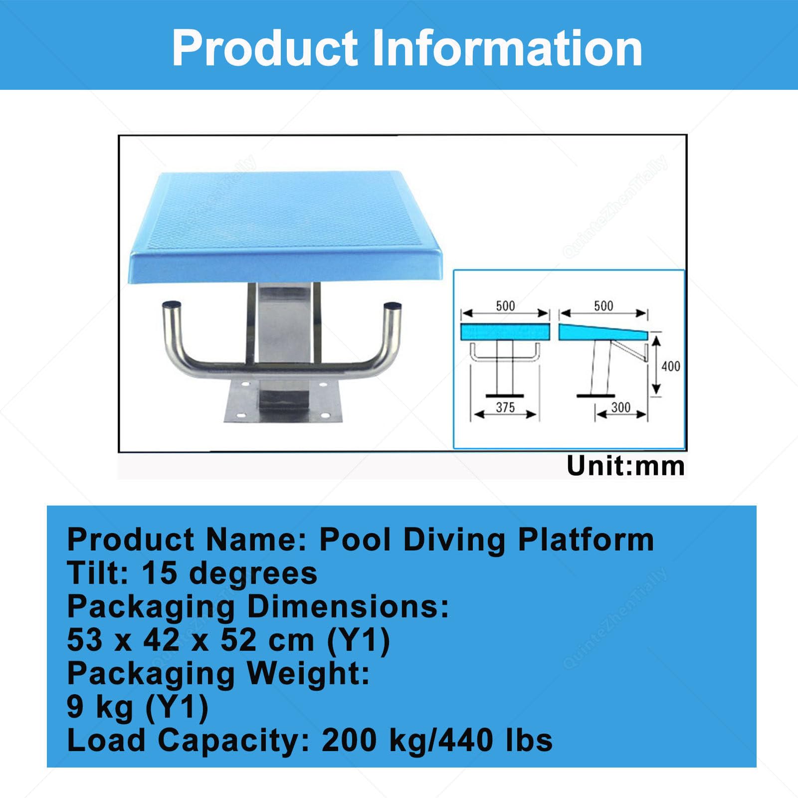 Trampolino Tuffo Standard Piscina,Trampolini Base Acciaio Inox,Piano Antiscivolo Inclinato 15°,Blocco Partenza,Carico 200kg, Trampolini Piscine Interrate Standard Y1