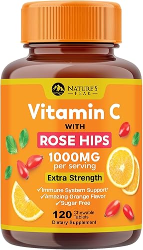 Miniatura 1 de Suplemento masticable de vitamina C de 1000 mg  Suplemento dietético de vitamina C extra fuerte con Rose HIPS, apoyo antioxidante Nature's VitaminC,