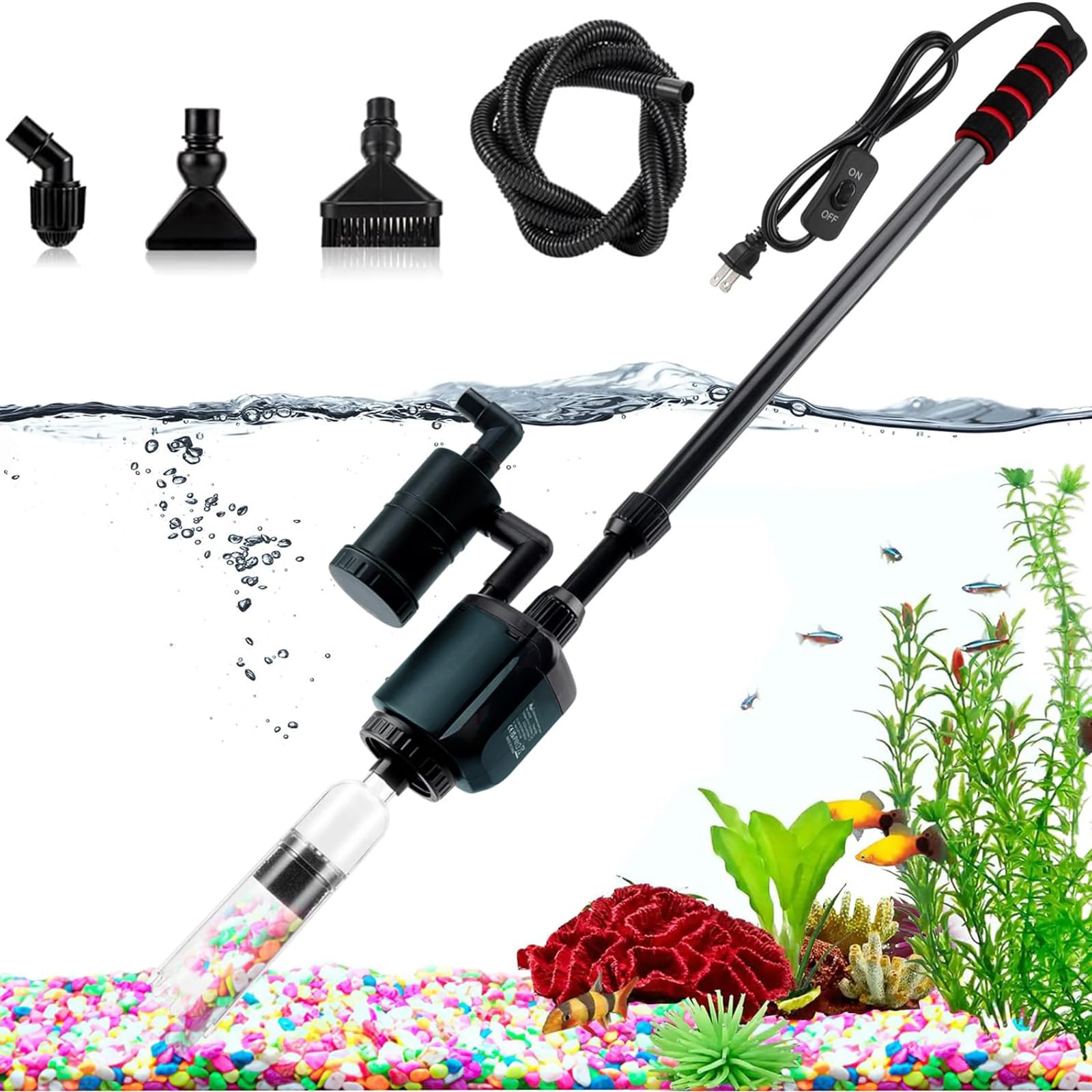Aspiradora Eléctrica para Acuario, 36W, Sifón 6 En 1 Kit De Limpiador De Grava para Acuario, Juego De Limpieza para Cambio De Agua, Lavado De Arena, Grava Y Suelo