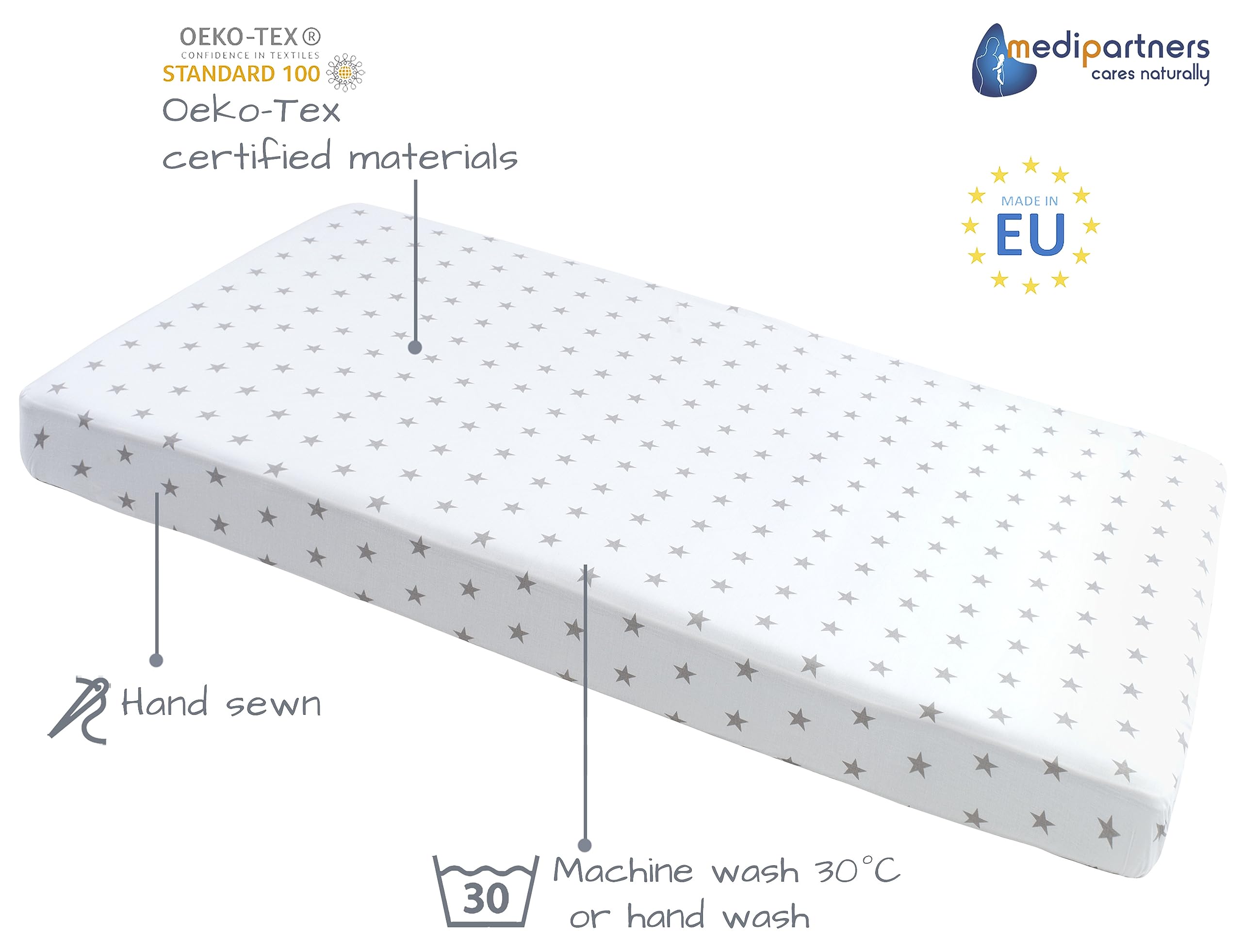 Medi Partners Set of 3 pcs. Fitted Sheet 60x120 cm 100% Cotton Baby Bed Linen Mattress Cot, Grey Stars-white-grey, Three pack - Image 3