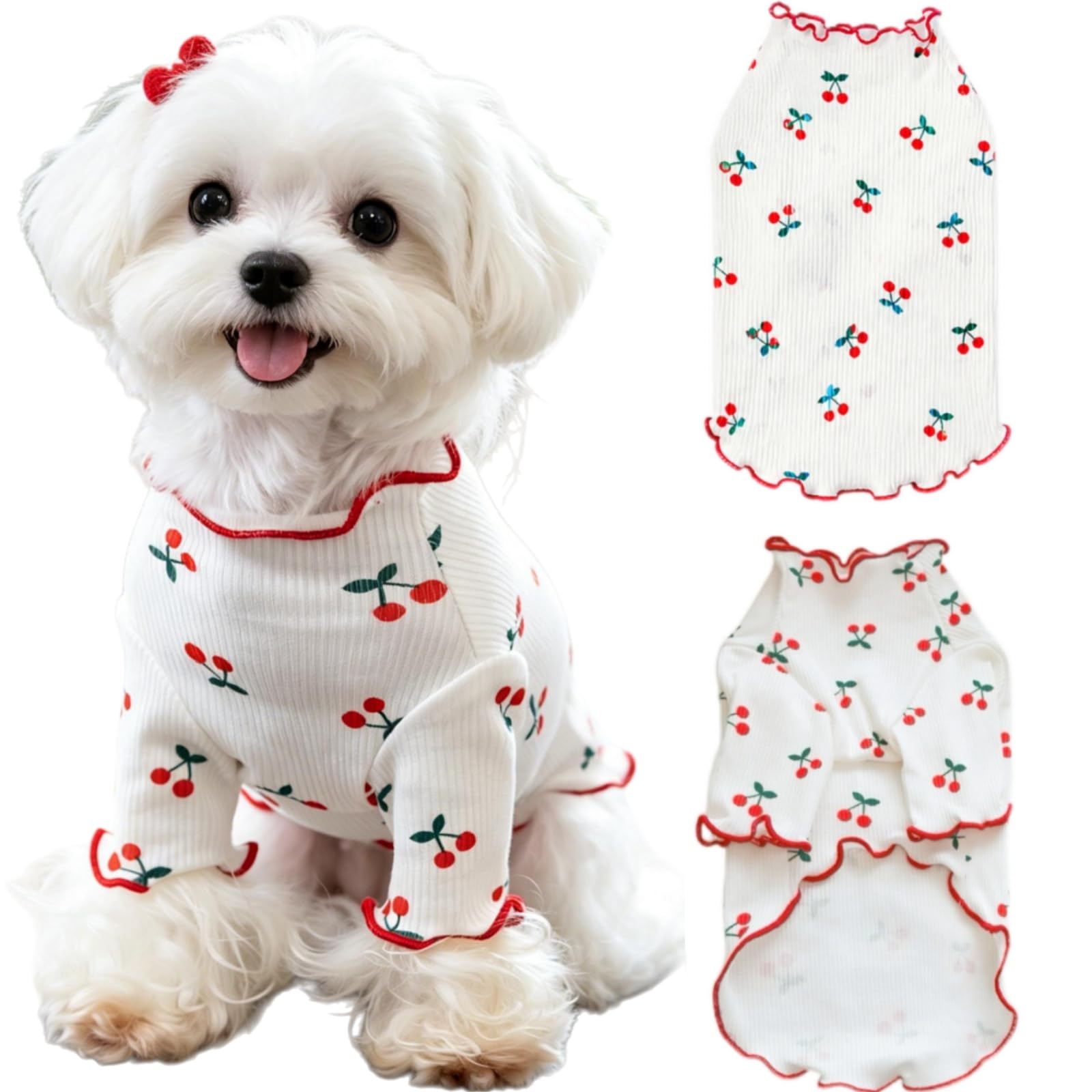 Yaopelky Dog Shirt for Small Medium Dogs,Cherry Print Girl Dog Clothes with Red Ruffle Trim, Cute Puppy T-Shirt for Yorkie Maltese Chihuahua Clothes (Cherry, 2XS(1-1.5kg))