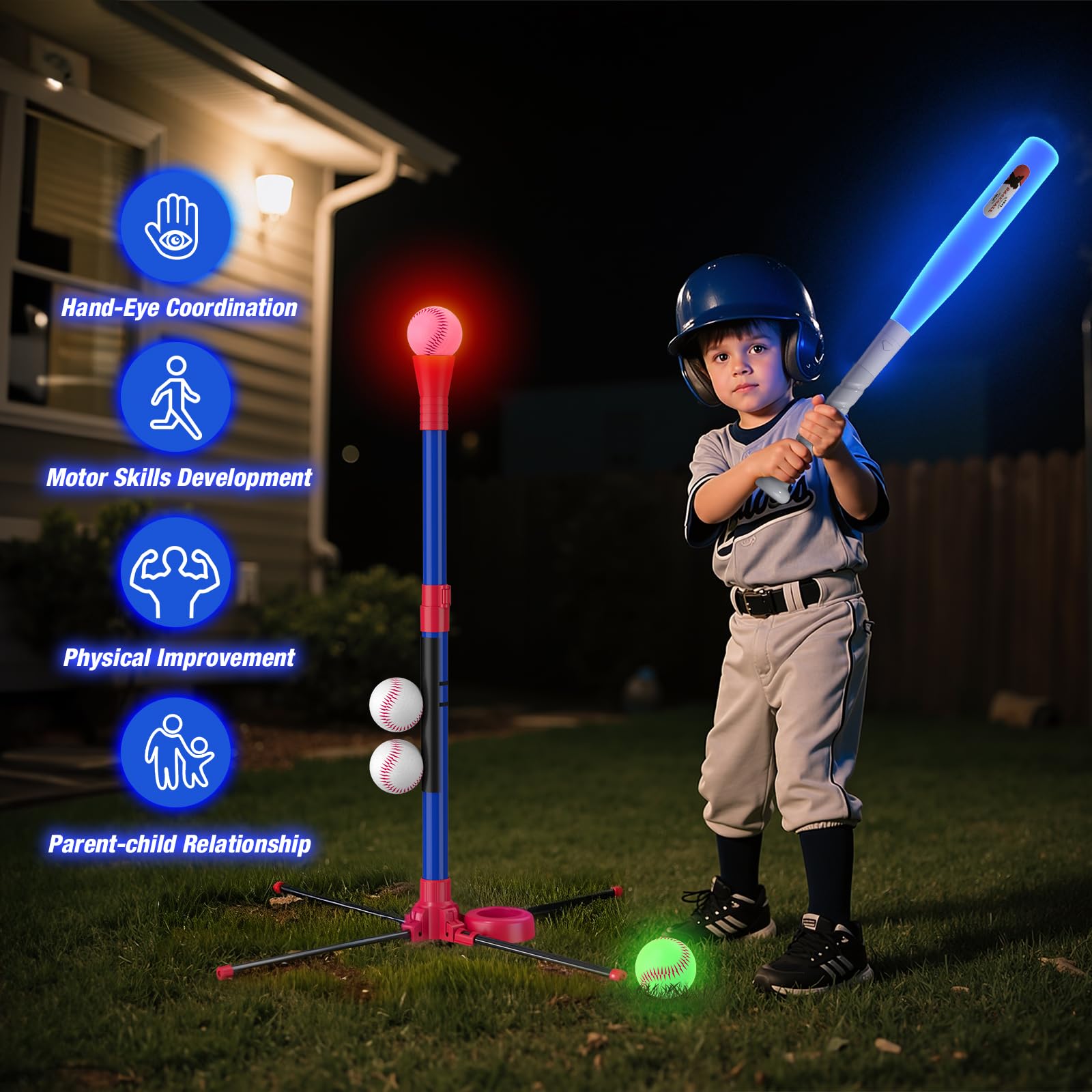 HYES Juego de béisbol LED 3 en 1 para niños de 3 a 5 años, soporte de tee ball, camiseta colgante, lanzador de bolas y 4 pelotas de sóftbol, altura ajustable, regalos deportivos para interiores y