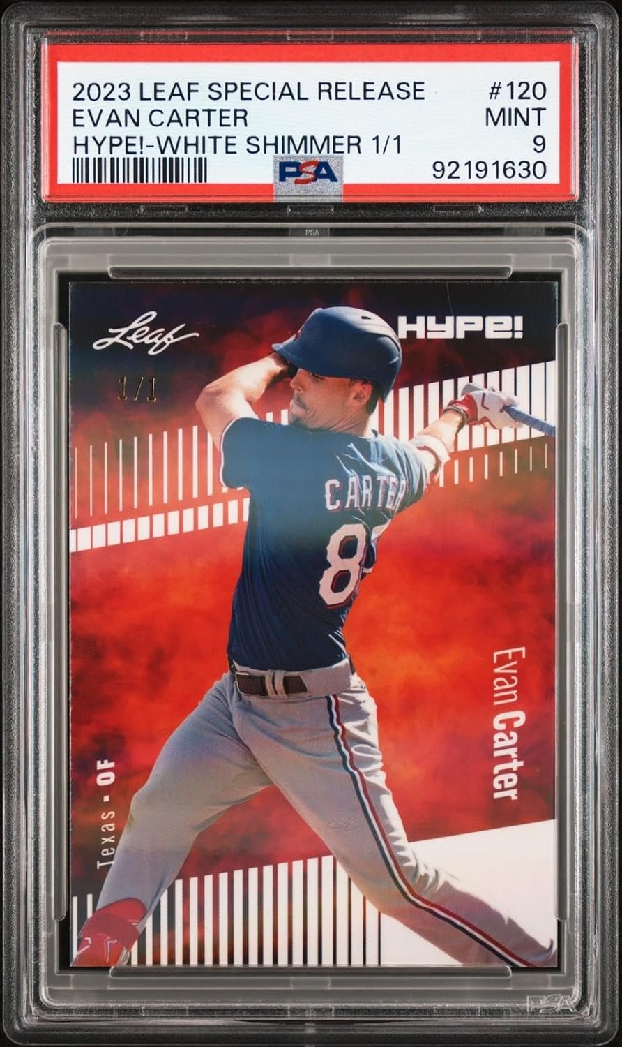 PSA 9 Evan Carter 2023 Leaf Hype! #120 Shimmer 1/1 Rookie Card - Baseball Slabbed Rookie Cards