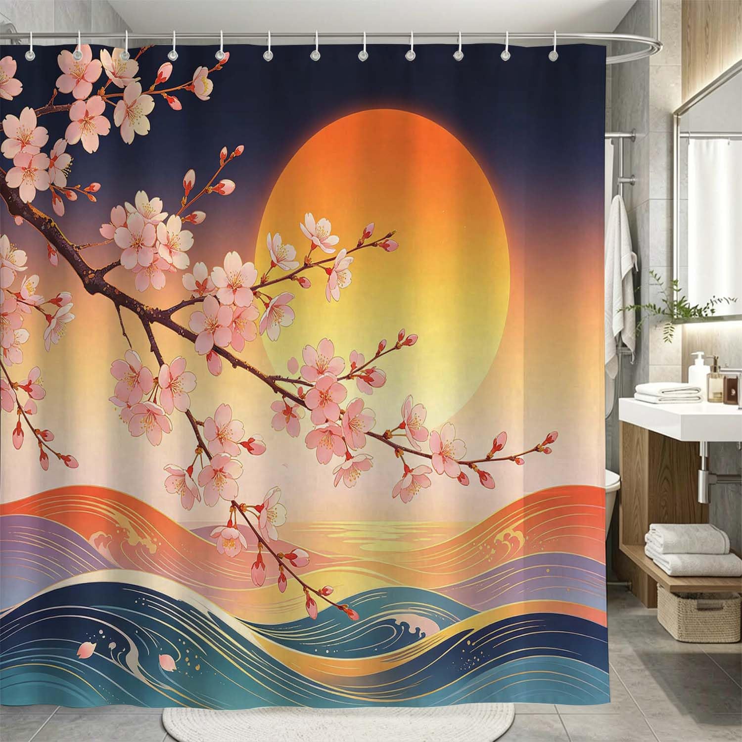 Rideau de Douche Anti Moisissure Fleurs de Cerisier, Rideau de Bain Thème Japonais 3D Rideaux de Douche en Polyester, Imperméable, Lavable en Machine, avec Crochets, 300 x 200 cm 913-YLP