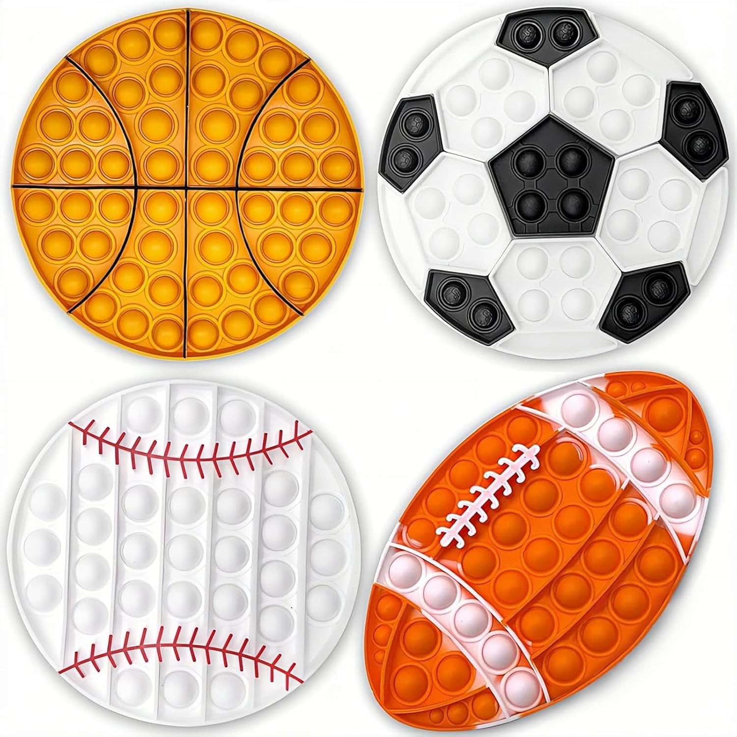 4 Pcs Sports Pop Bubble Fidget Sensory Toy-Football Basketball Baseball Rugby, Silicone Squeeze Toys for ADHD, Autism, Kids, Adults, Stress Relief Toys