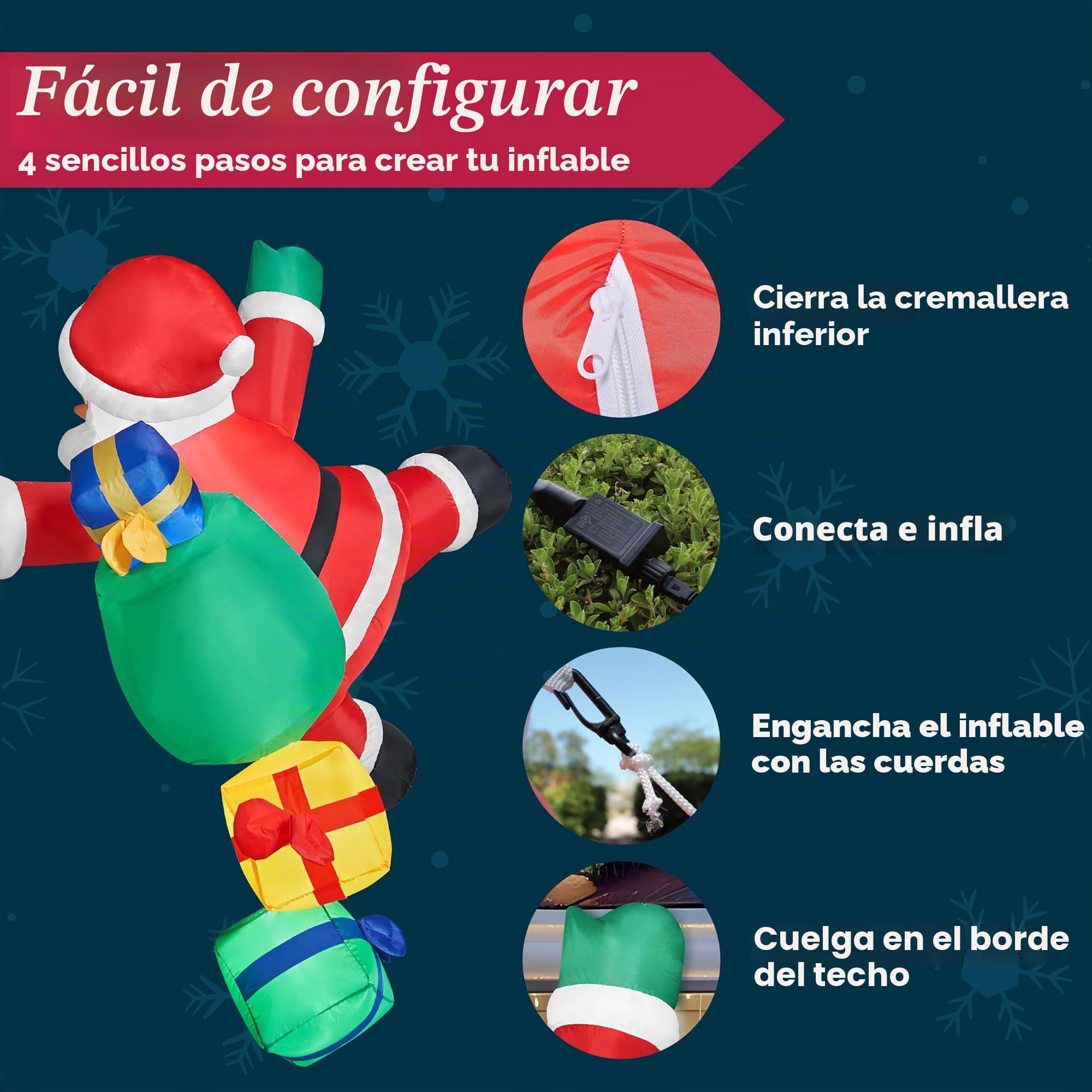JOIEDOMI Papá Noel Inflable de Navidad de 6 pies de Alto con Bolsas de Regalo, Papá Noel Inflable para Colgar en Exteriores con Luces LED integradas para decoración de Fiestas navideñas
