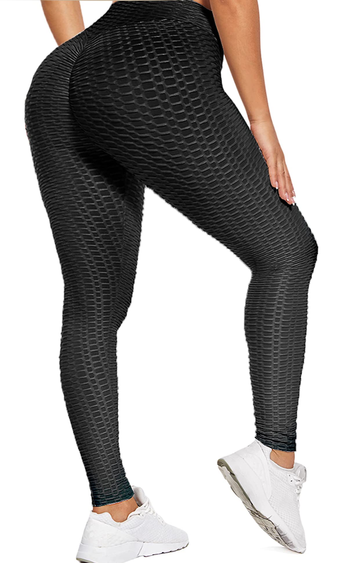 Merlvida Anti Cellulite Women's Leggings Ruched Butt Lift Gym Leggings Womens High Waist Tummy Control Opaque Scrunch Honeycomb Yoga Black