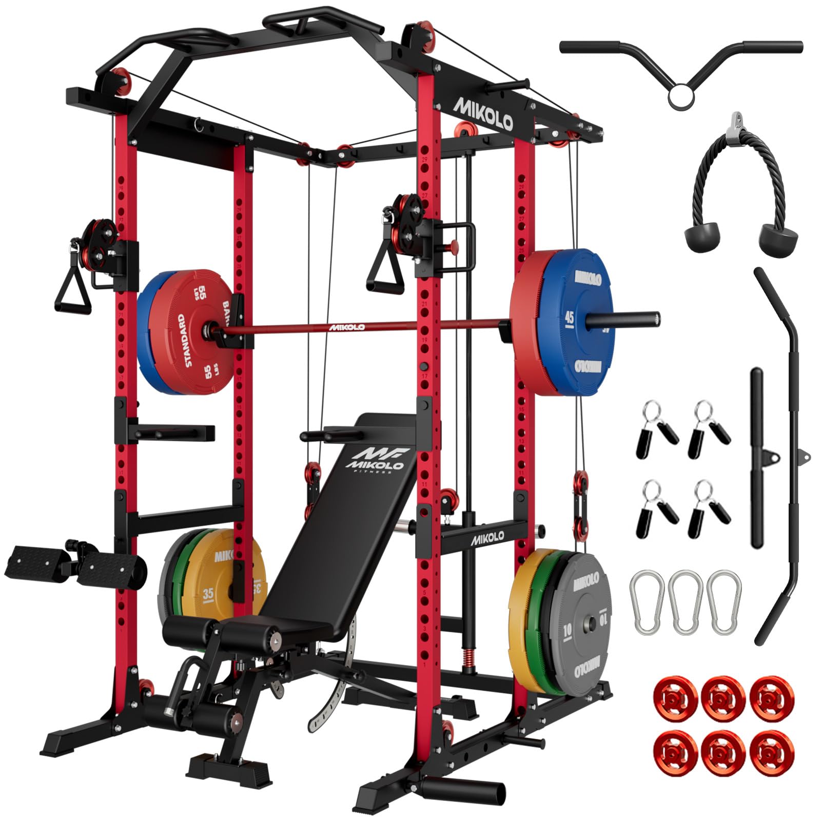 Mikolo K6 2.0 Power Cage, Power Rack with Cable Crossover System, 2000LBS Squat Rack with LAT Pull Down System, Functional Trainer with Aluminum Pulley System for Home Gym