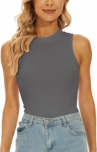 Vista 3 de YIJIU Camiseta sin mangas con cuello alto falso para mujer, sexy, ajustado, leotardo