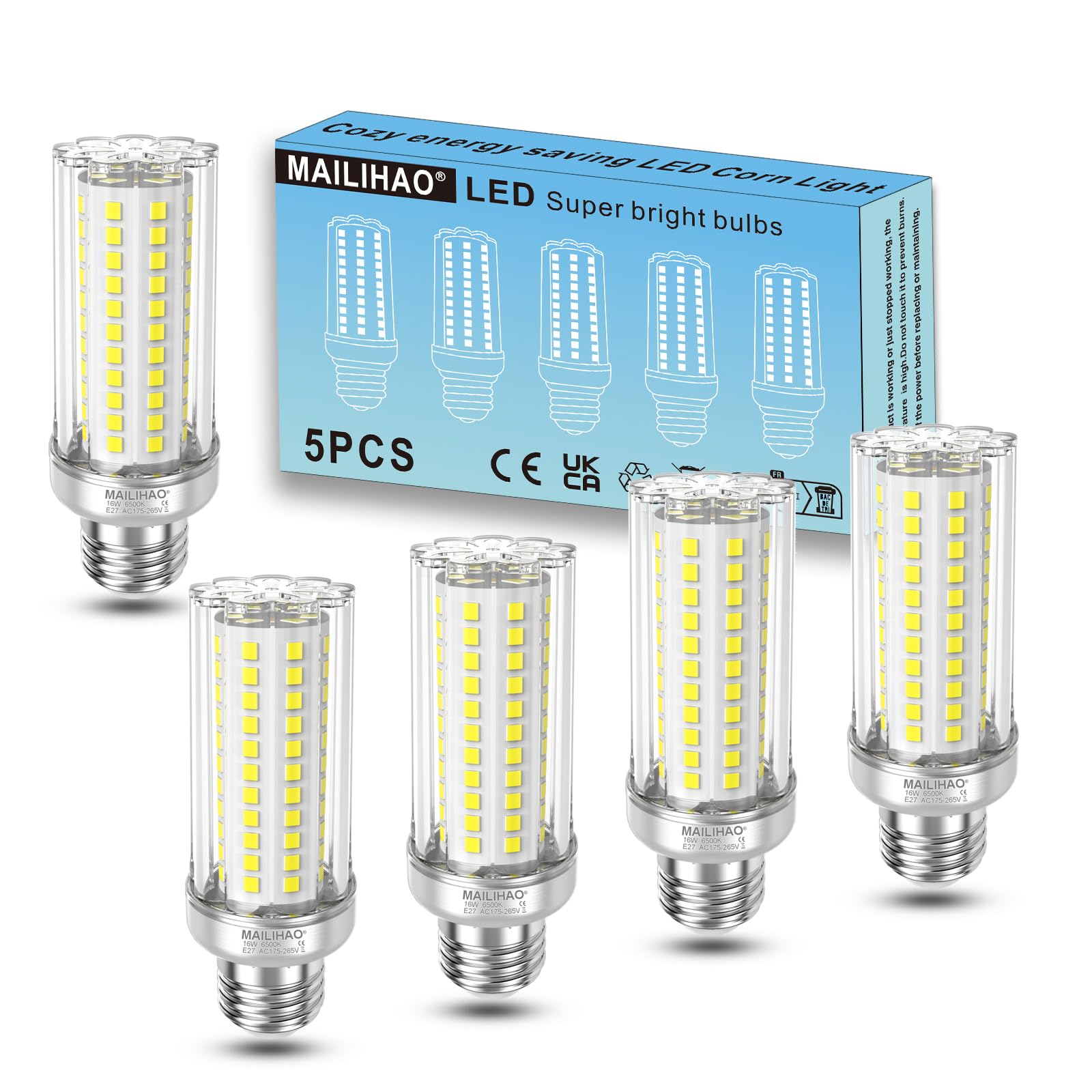 MAILIHAO E27 Lampadine LED 16W 6500K Bianco Freddo 1900LM, Equivalenti a 120W 150W Lampada Alogena, Angolo 360, Edison, Non Dimmerabile, Nessun Sfarfallio, 5 Pezzi