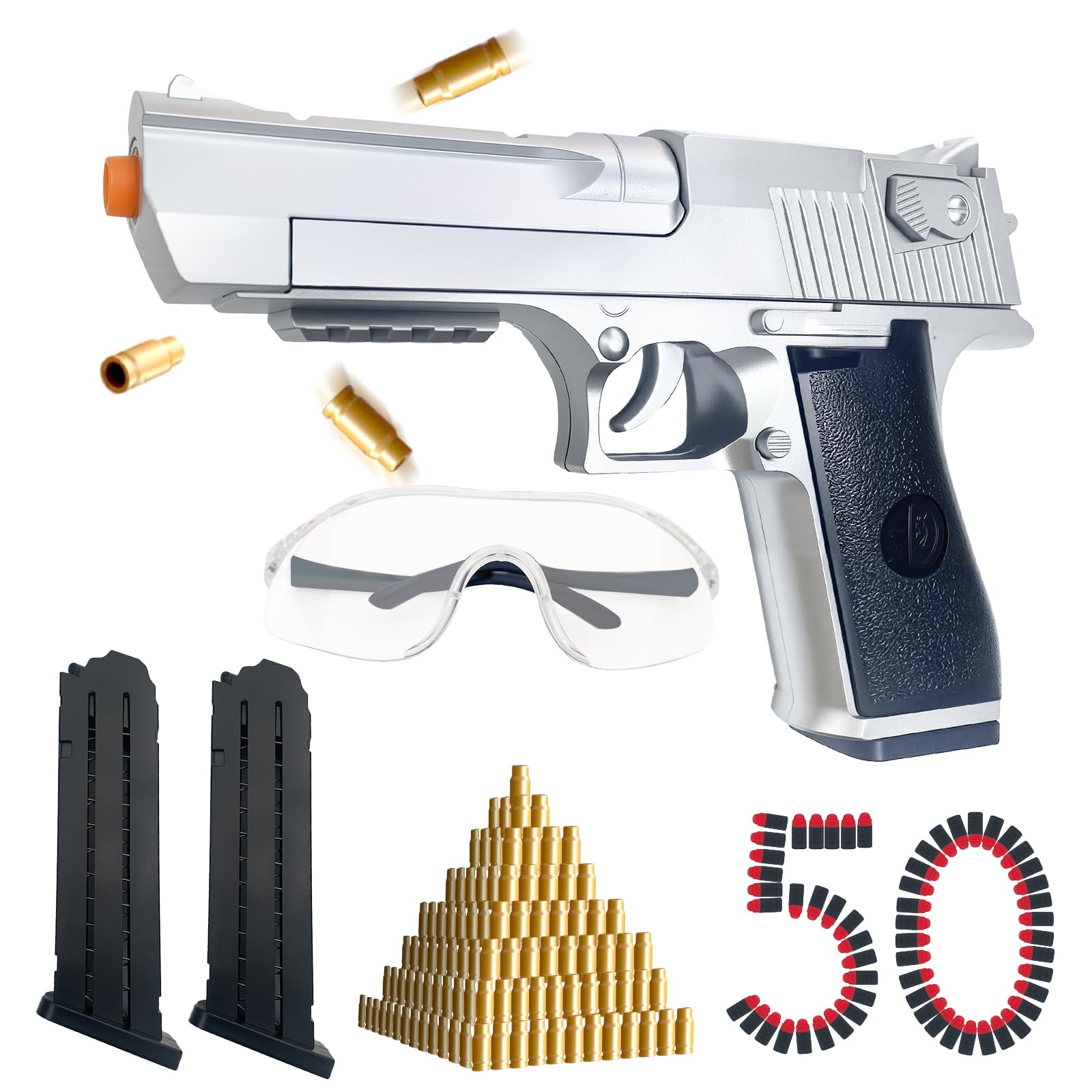 Silver Tactical Foam Blaster Pistol - Shell Ejecting Toy Gun for Ages 6+ with 50 Safe Bullets & Goggles - 32ft Range Airsoft Alternative - Nerf Competitor - Camping Party Indoor Outdoor