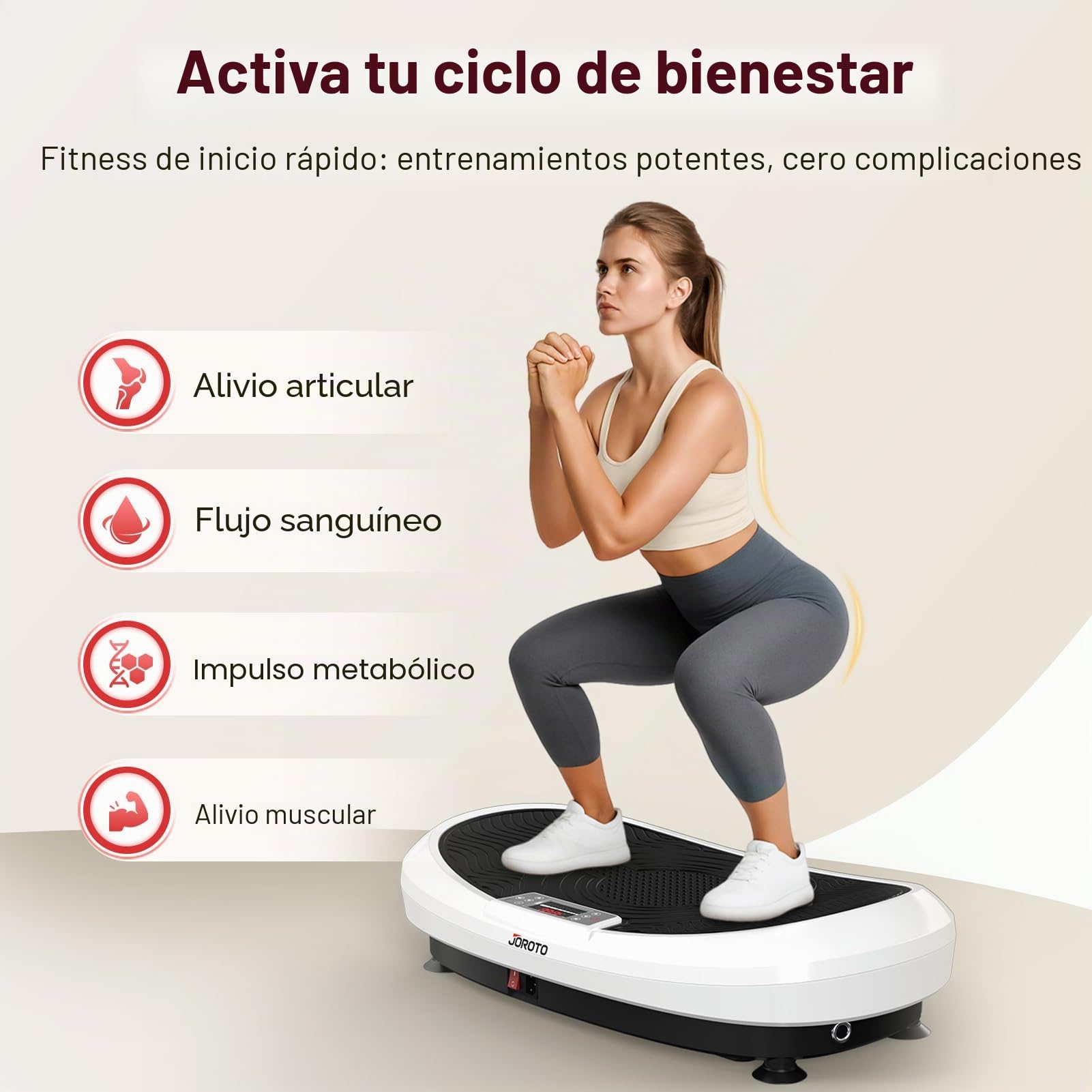 JOROTO JV50/JV60 Plataforma Vibratoria 4D para Hogar, con 3 Motores, 10 Programas & 120 Niveles, Altavoz Bluetooth, Luces LED para Entrenamiento Corporal Completo, Capacidad de Carga Máxima de 158KG