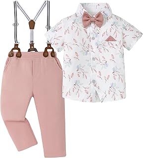 Toddler Boys Semi Formal Outfit 3pcs Sets Short Dress Shirt Suspender Pants Bow Tie for 1-5 Years