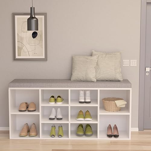 YRLLENSDAN Banco de zapatos, banco de almacenamiento de 10 cubículos con asiento acolchado de 3 niveles, banco de zapatos, banco ajustable para