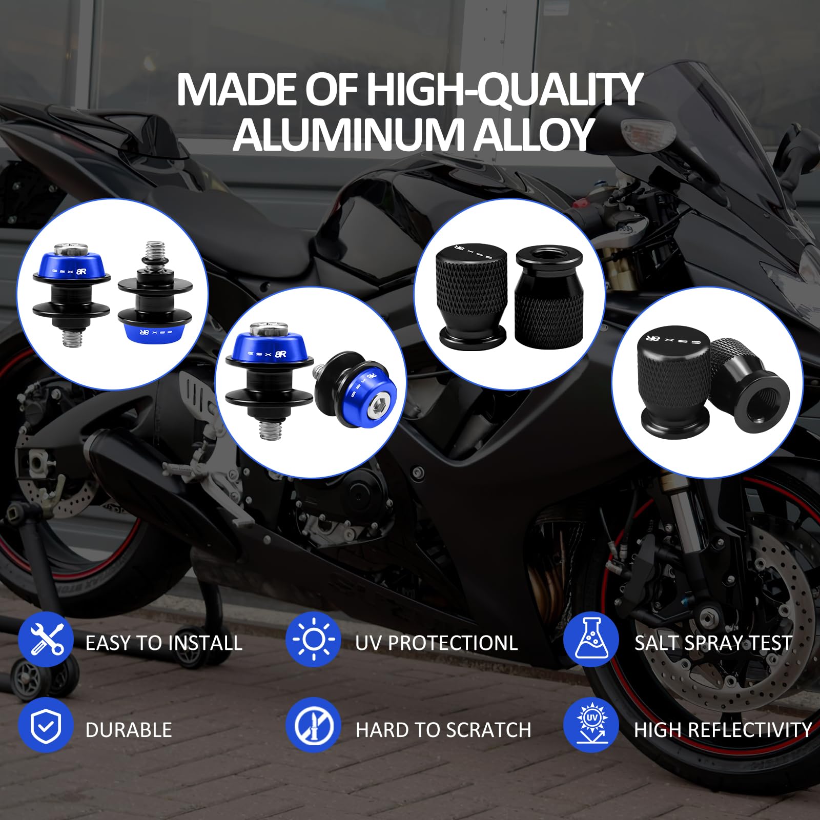 2 Pièces Bobines De Bras Oscillant Moto& 2 Pièces Capuchon de valve de pneu de moto, CNC Aluminium Bobines Bras Oscillant Support pour GSX-8R GSX8R GSX 8R 2024(Blue)