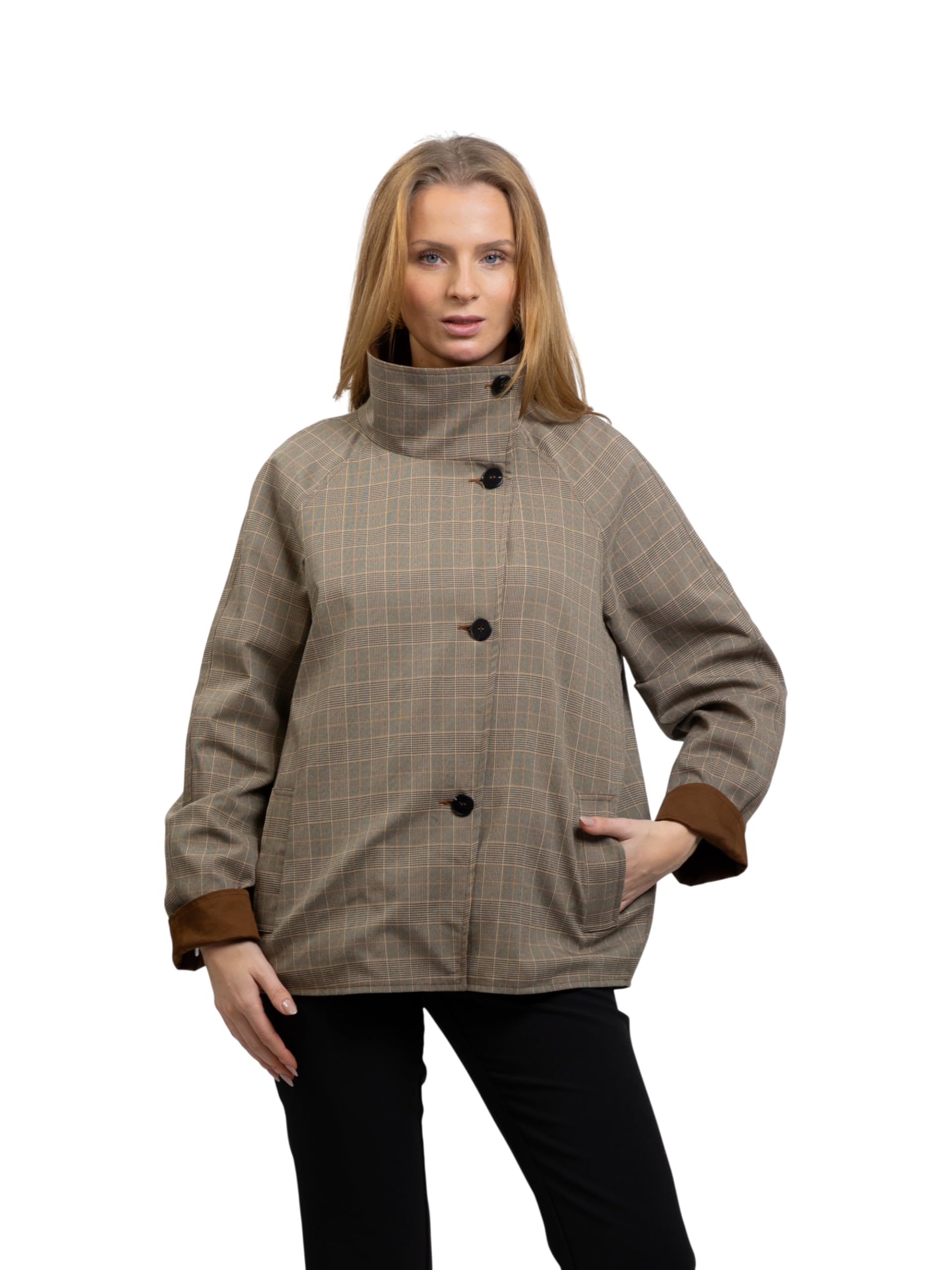 Trench corto reversible para mujer, diseño de cuadros y liso, cuello alto, color marrón