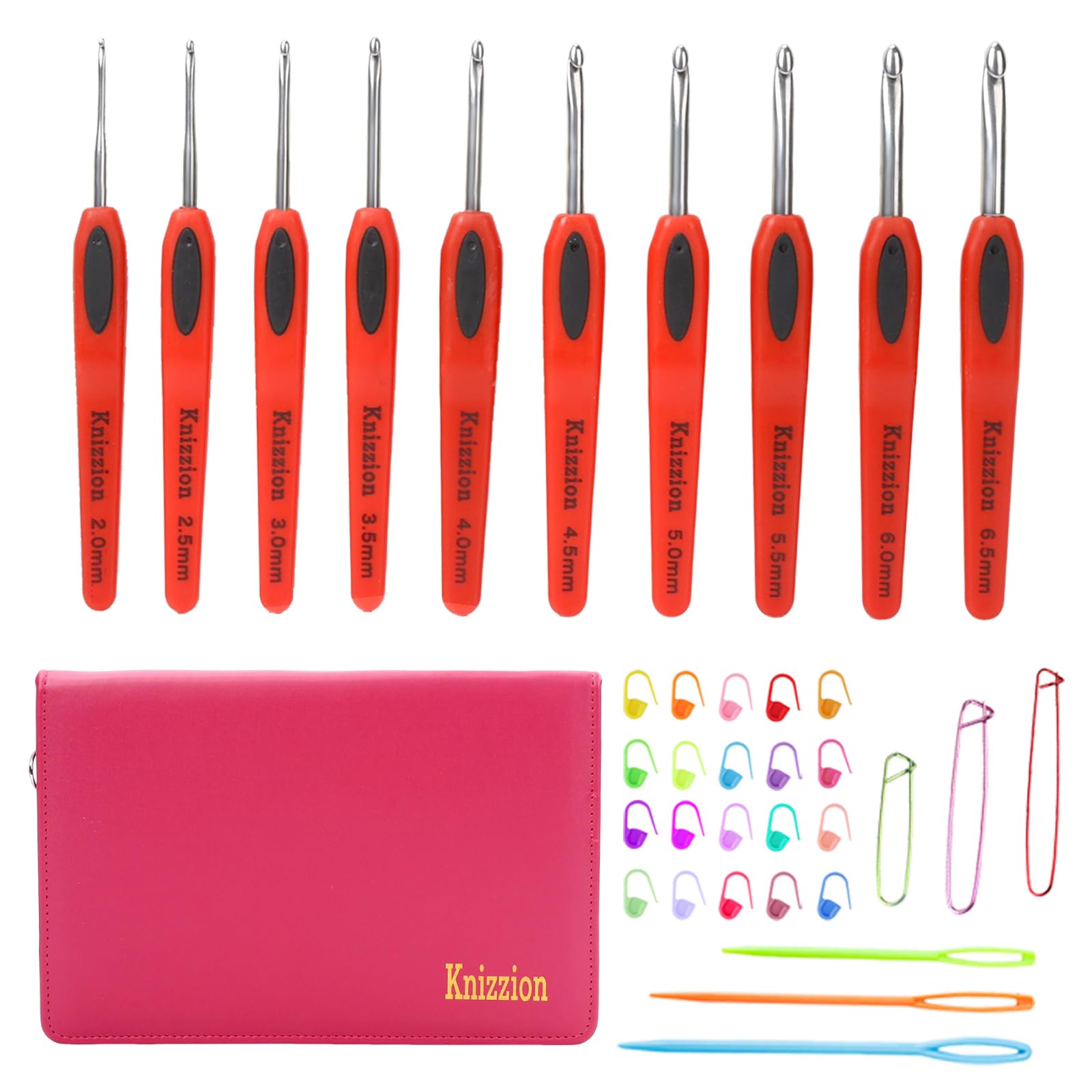 Juego de 37 ganchos de ganchillo, 10 tamaños (2.0-6.5 mm) de acero inoxidable con asas ergonómicas con funda E, perfecto para principiantes y profesionales, kit de ganchillo duradero para todos los