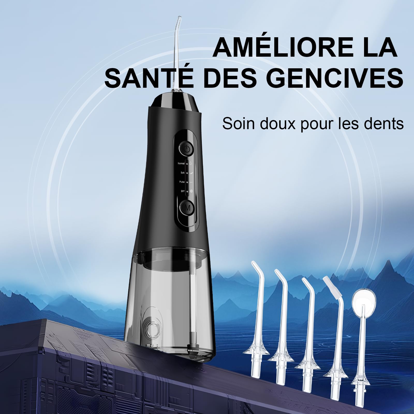 Hydropulseur Jet Dentaire, 320ML Réservoir Amovible, Étanche IPX7 Irrigateur Oral, 4 Modes de Nettoyage, 5 Buses Portable Water Flosser, Irrigateur Dentaire pour la Maison et Les Voyages, Noir