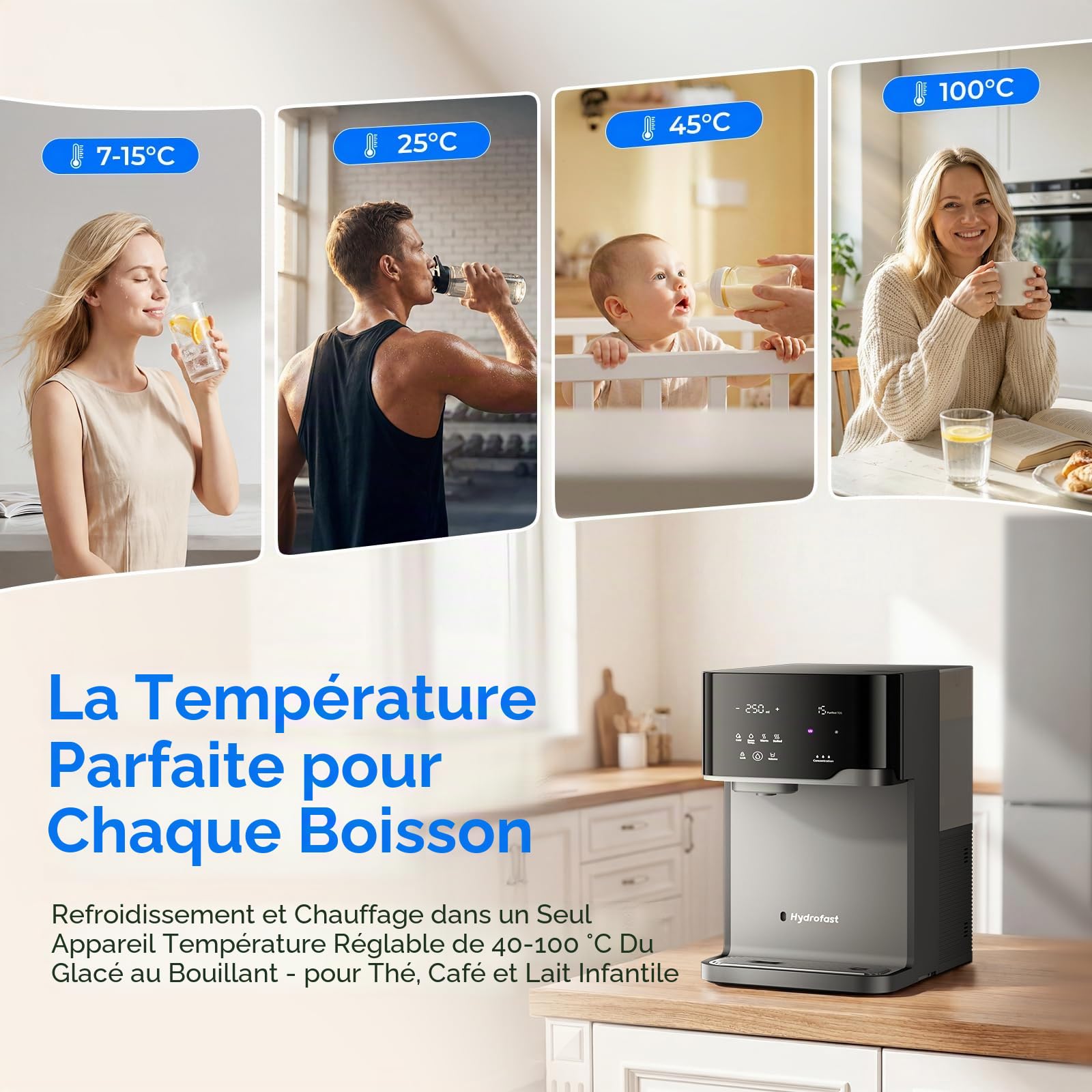 Installation d'osmose étanche avec gazéificateur d'eau, distributeur d'eau chaude de table et distributeur d'eau glacée, filtre à eau RO à 6 niveaux, sans raccord pour l'eau