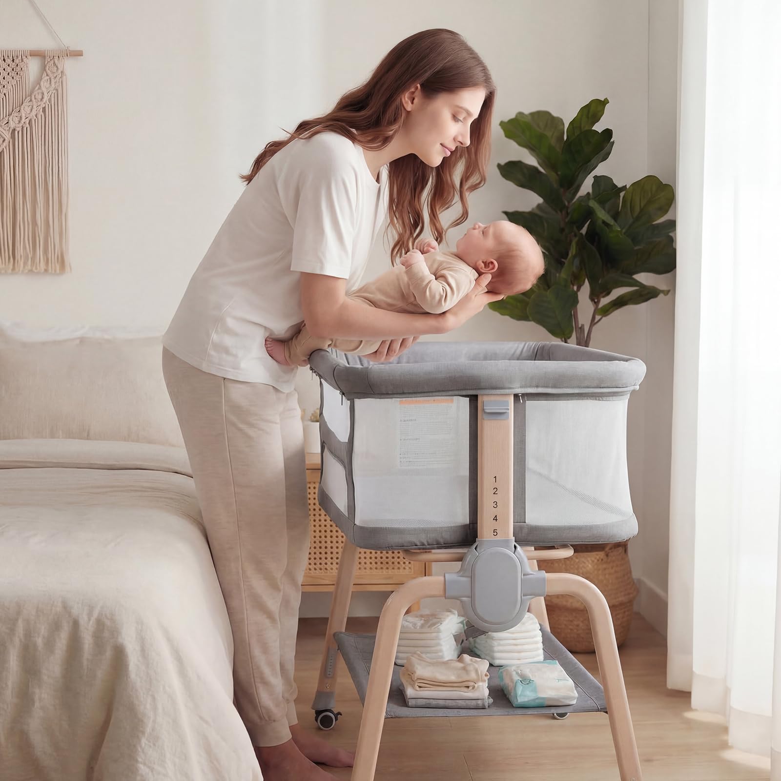 cowiewie bassinet bedside sleeper, breathable baby bedside bassinet and mattress, lightweight and portable for bedside sleeping (charcoal)