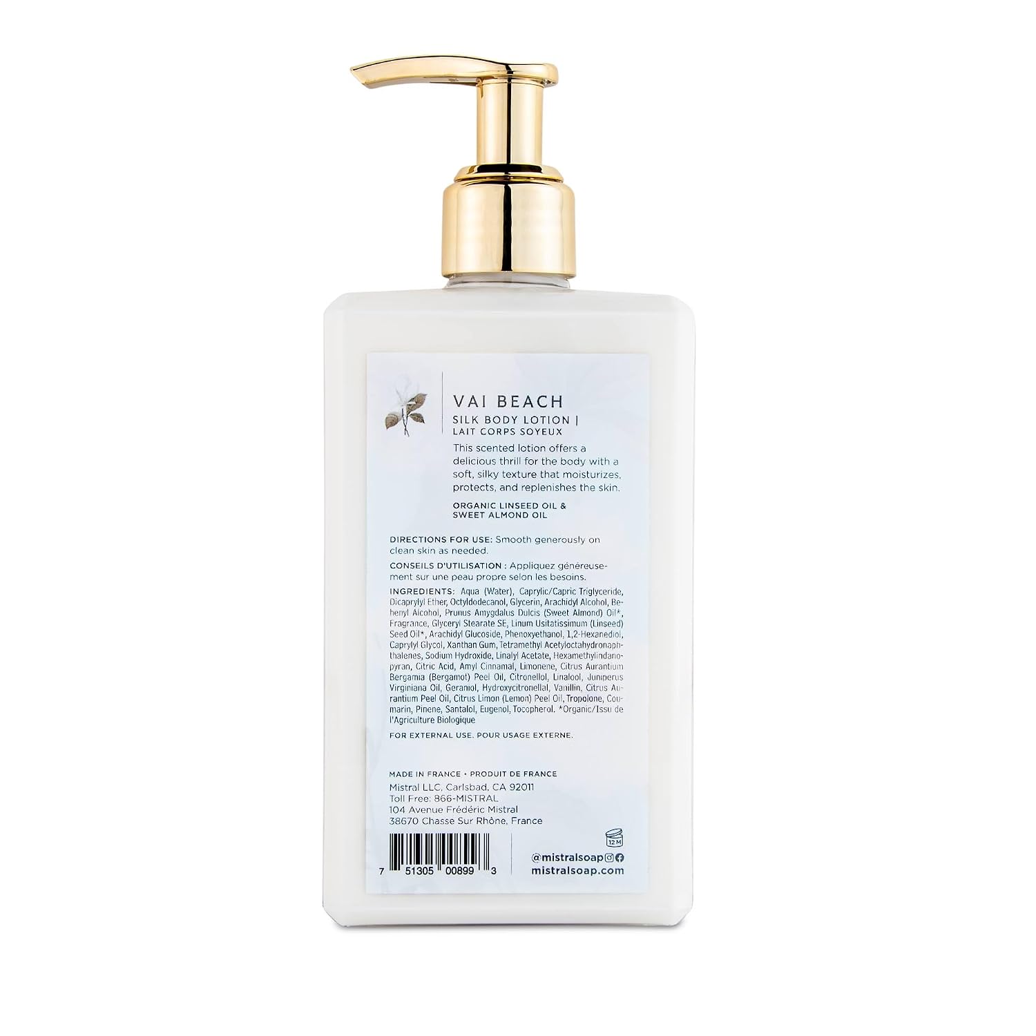 Mistral Vai Beach Silk Body Lotion for Women – Luxury Moisturizing Body Lotion | Moisturizer with Sweet Almond Oil & Organic Linseed Oil | Natural, Non-Greasy, Paraben-Free, Clean | 8.7 fl oz