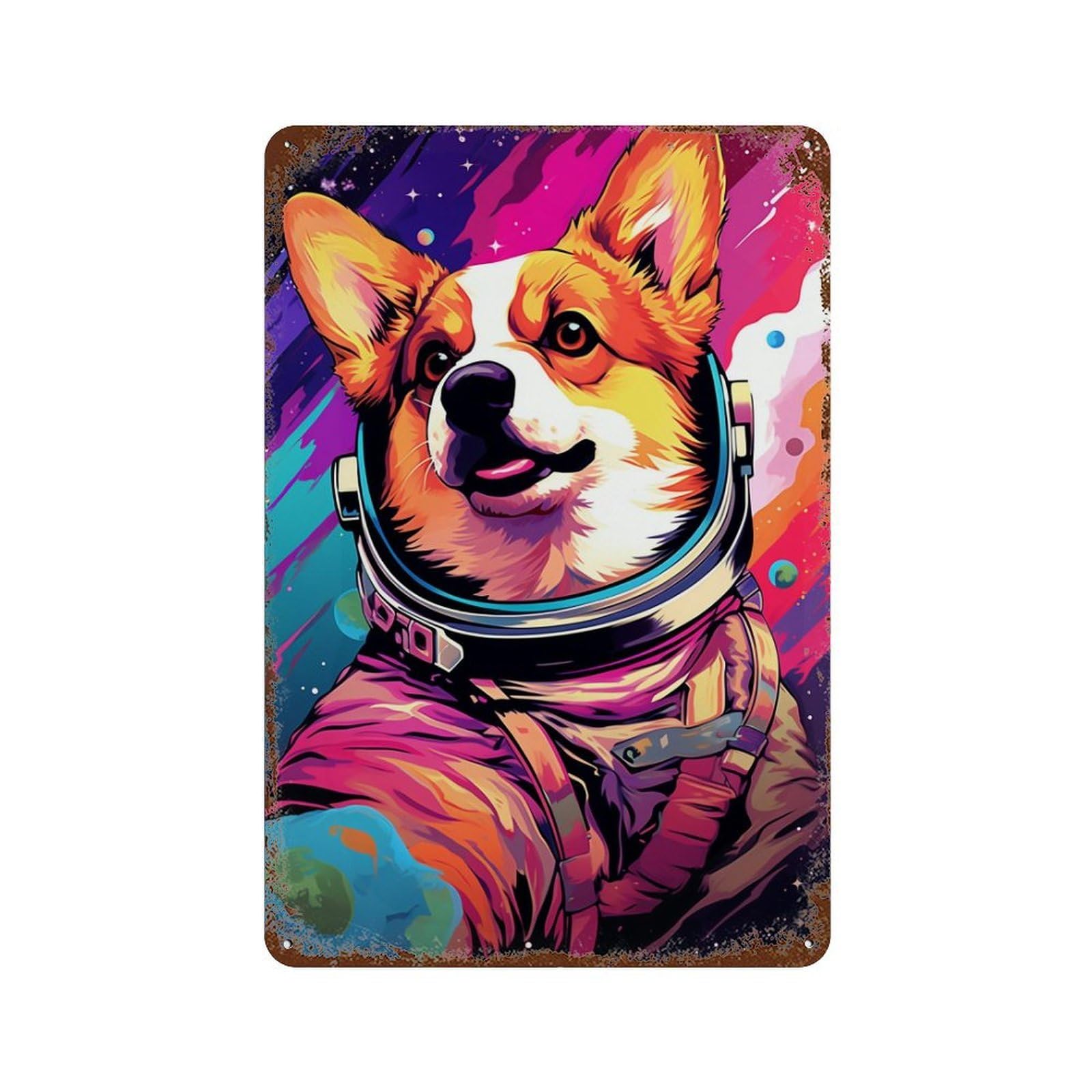 Corgi Astronaut in Space -22 11.8"x7.9" Weathered Tin Sign, Shabby Chic Decor for Farmhouse, Kitchen And Entryway Decor