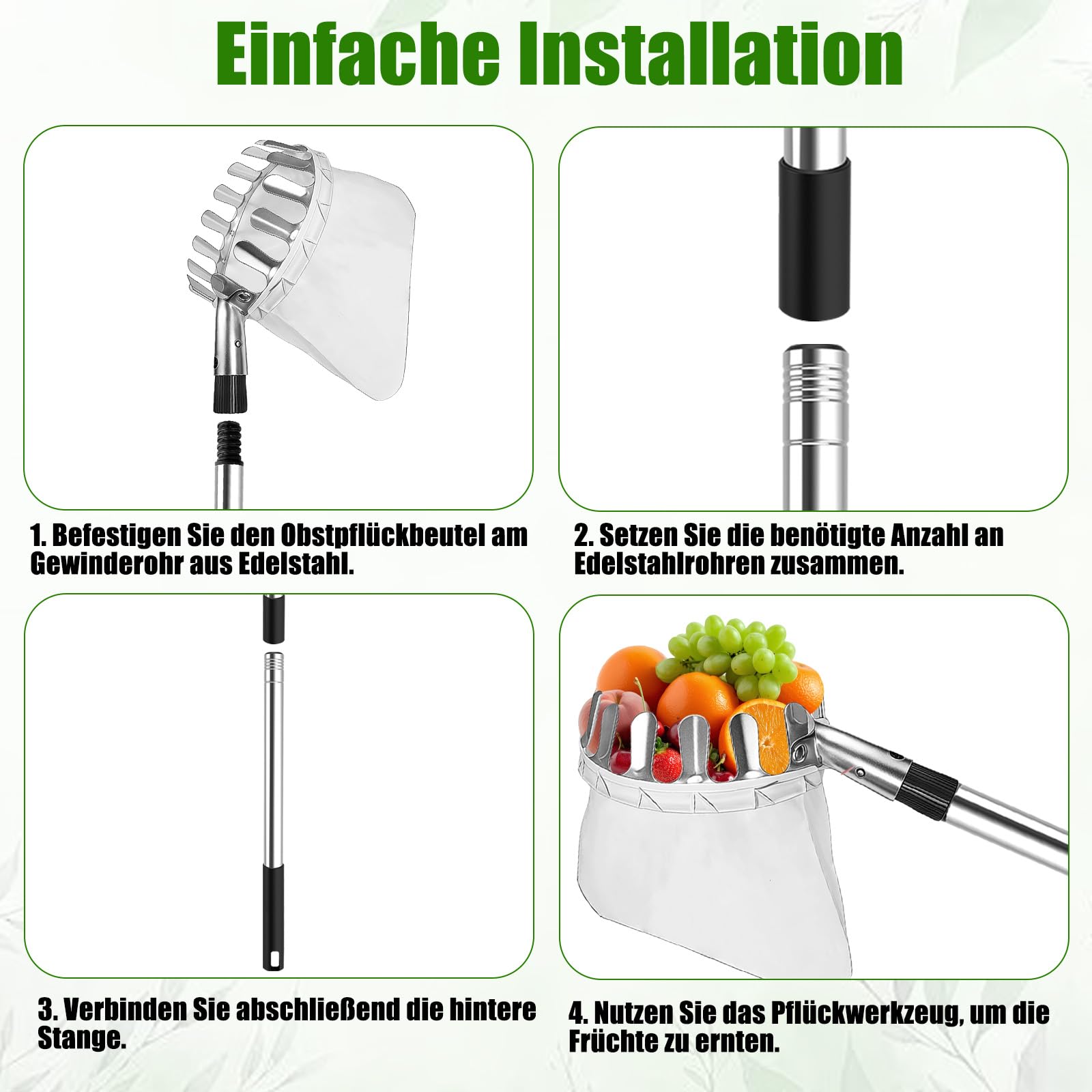 4,2M Obstpflücker mit Teleskopstiel, Apfelpflücker, Kirschenpflücker mit Leichter Edelstahl Teleskoppfahl und Baumwollbeutel, Obstgreifer Einfach zu Montieren, Kirschpflücker, Pflaumenpflücker