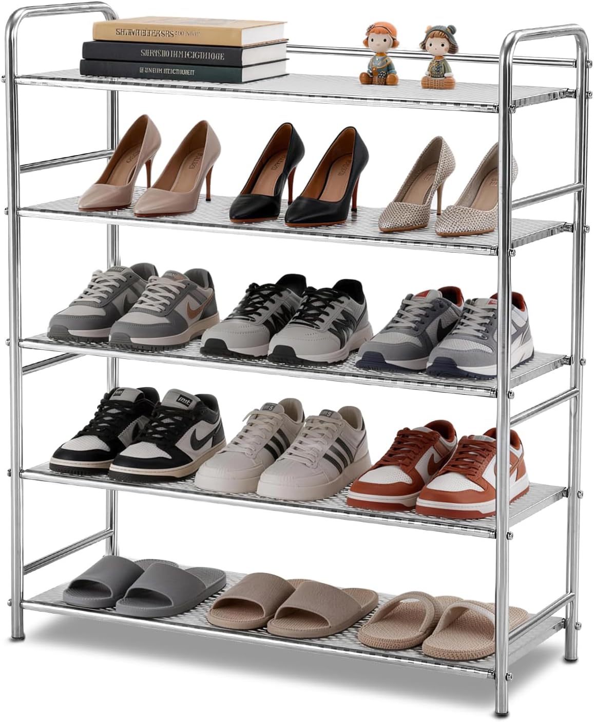 5 Tier Shoe Rack - Sturdy Shoes Rack Heavy Duty Metal Shoe Shelf for Closet Floor - Garage Shoes Storage Organizer for Entryway Outside Mud Room Freestanding Shelves Stainless Steel