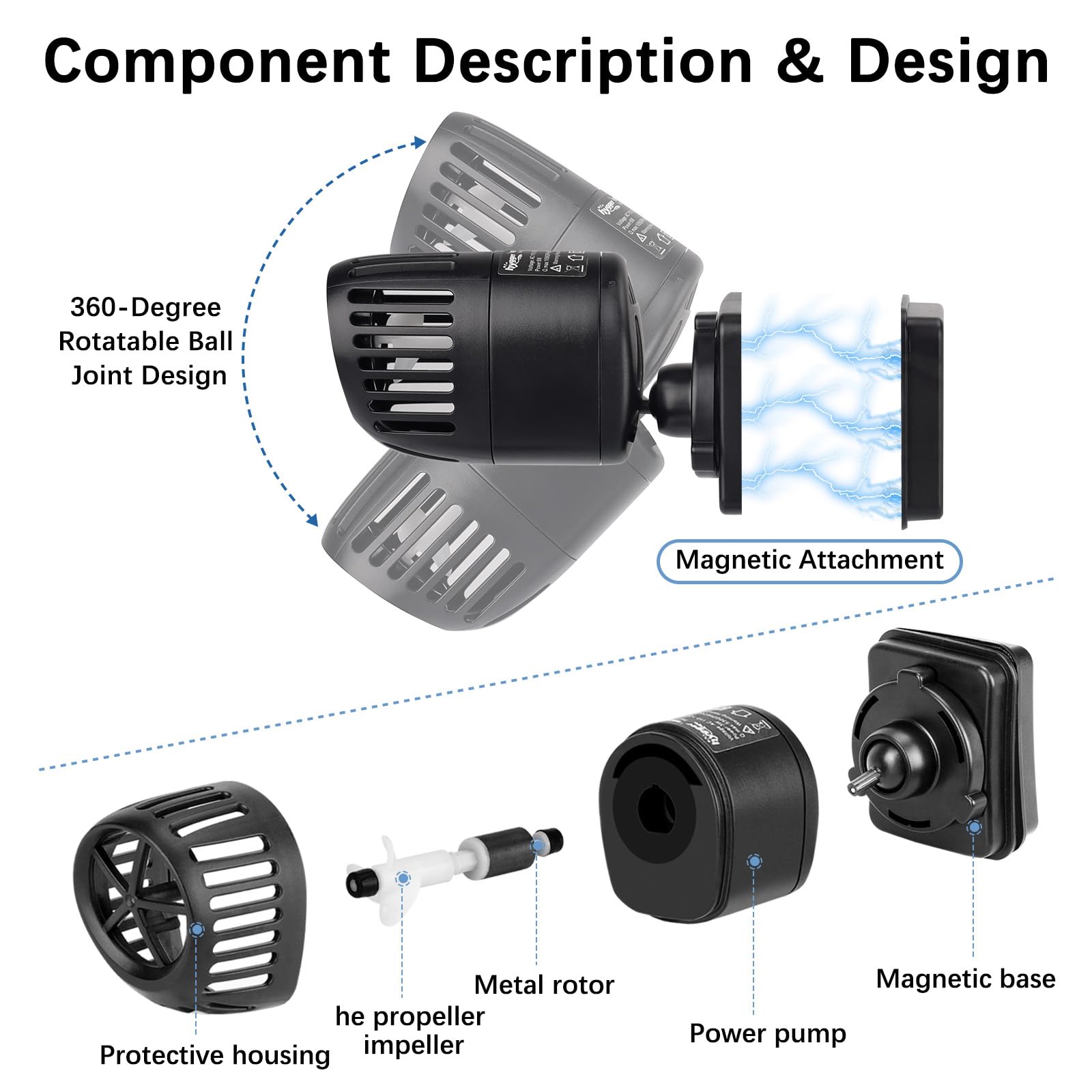 hygger 3997LPH Pompe à Vagues pour Aquarium,6W Pompe de Brassage Circulation pour l'eau Silencieuse à 360 Degrés pour Aquariums d'eau Douce et d'eau Salée de 154 à 378L