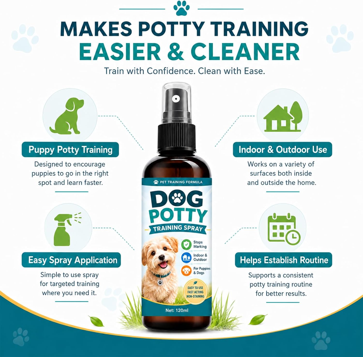 Potty Training Spray - Fast Acting Puppy Potty Training Aid for Indoor & Outdoor Use, Potty Attractant Helps Stop Marking, Non-Staining Housebreaking Spray for Dogs, 120ml / 4oz