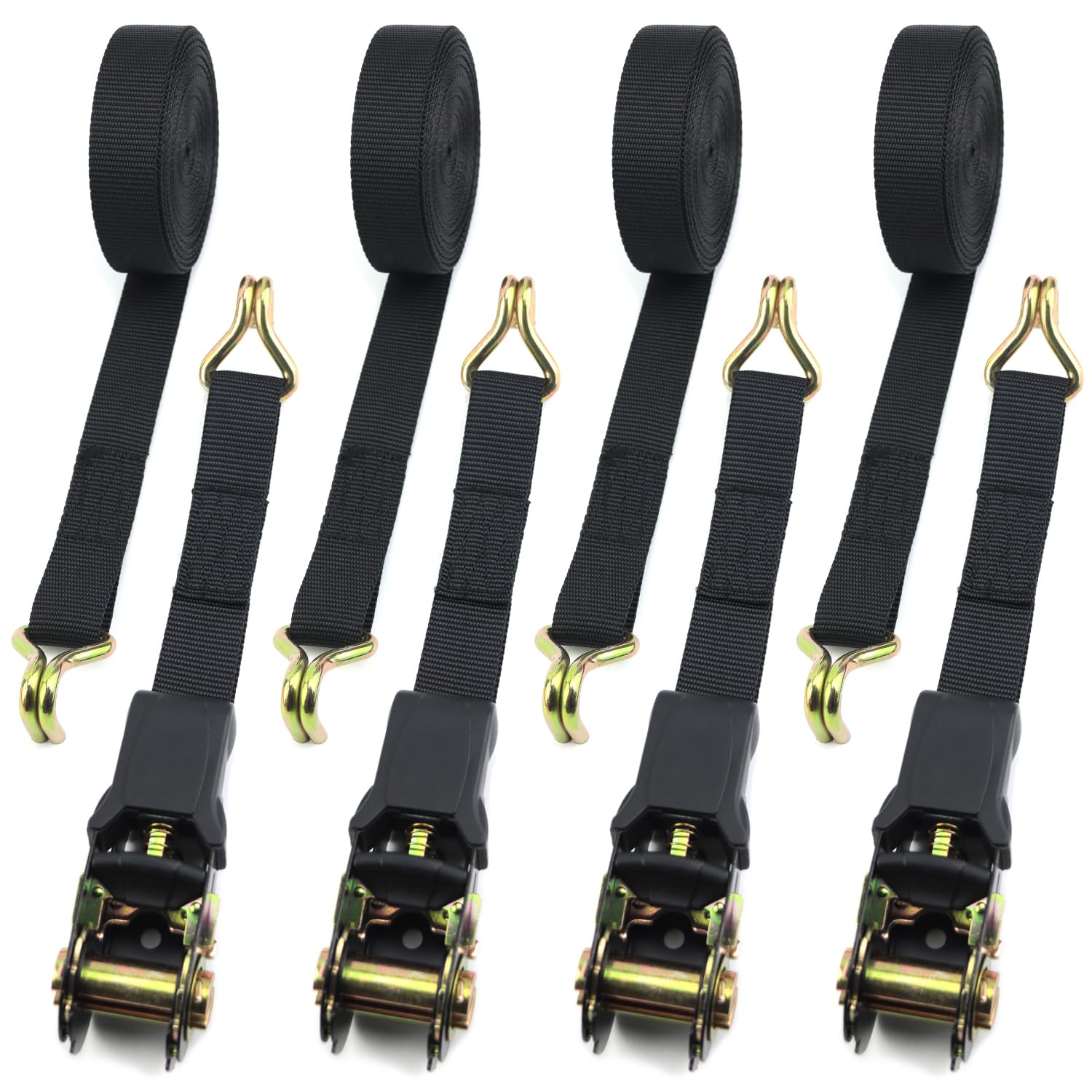 Qcdou 4 Pack Ratchet Straps, 2.5cm x 6m Black Tie Down Straps, Heavy Duty Ratchet Strap with Cam Buckle, for Motorcycles, Car, Trailer, Cargoes, Luggage, Household