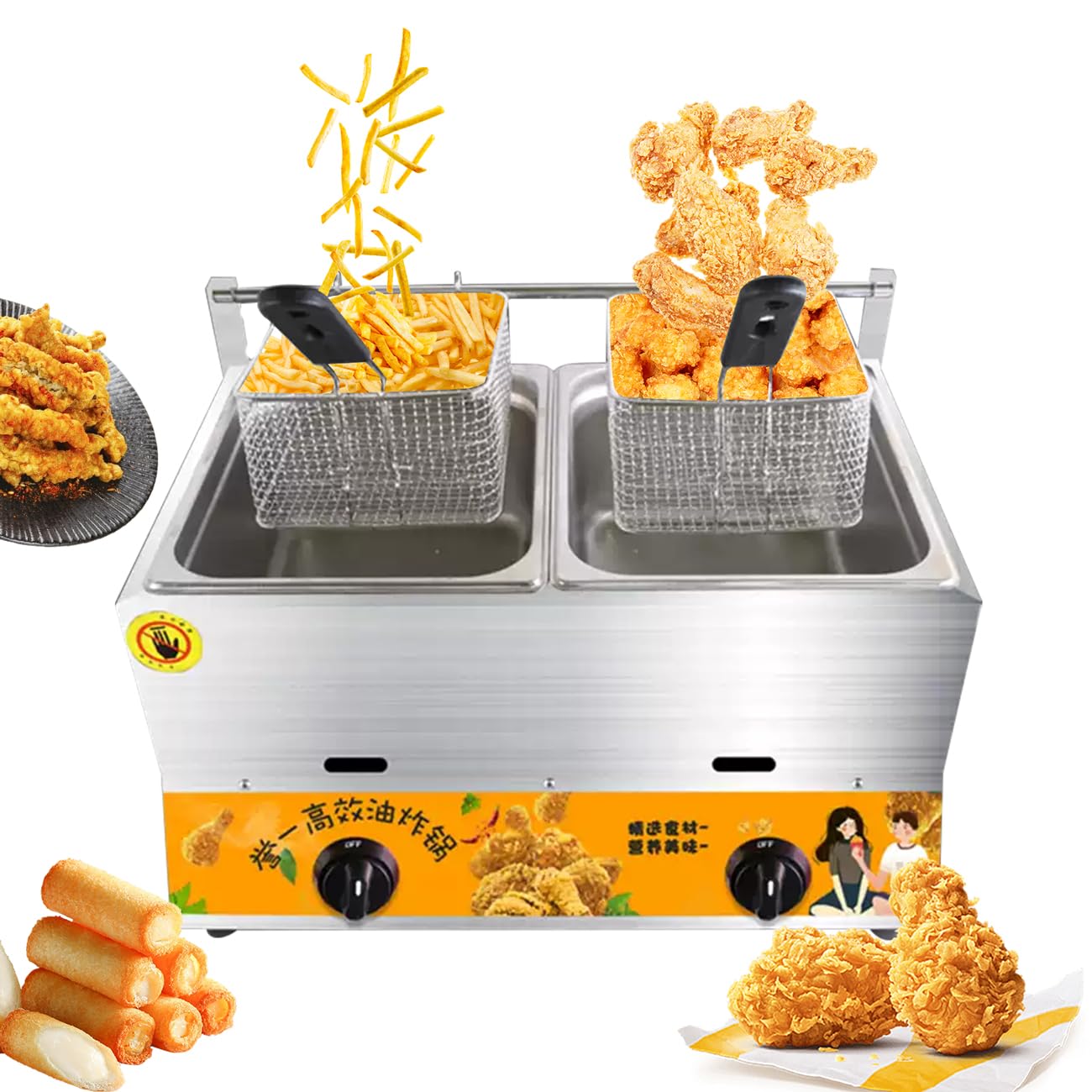 Friggitrice a gas di grande capacità, in acciaio inox, con potenza di fuoco regolabile, include cestini e coperchi, ideale per uso domestico e commerciale, facile da pulire