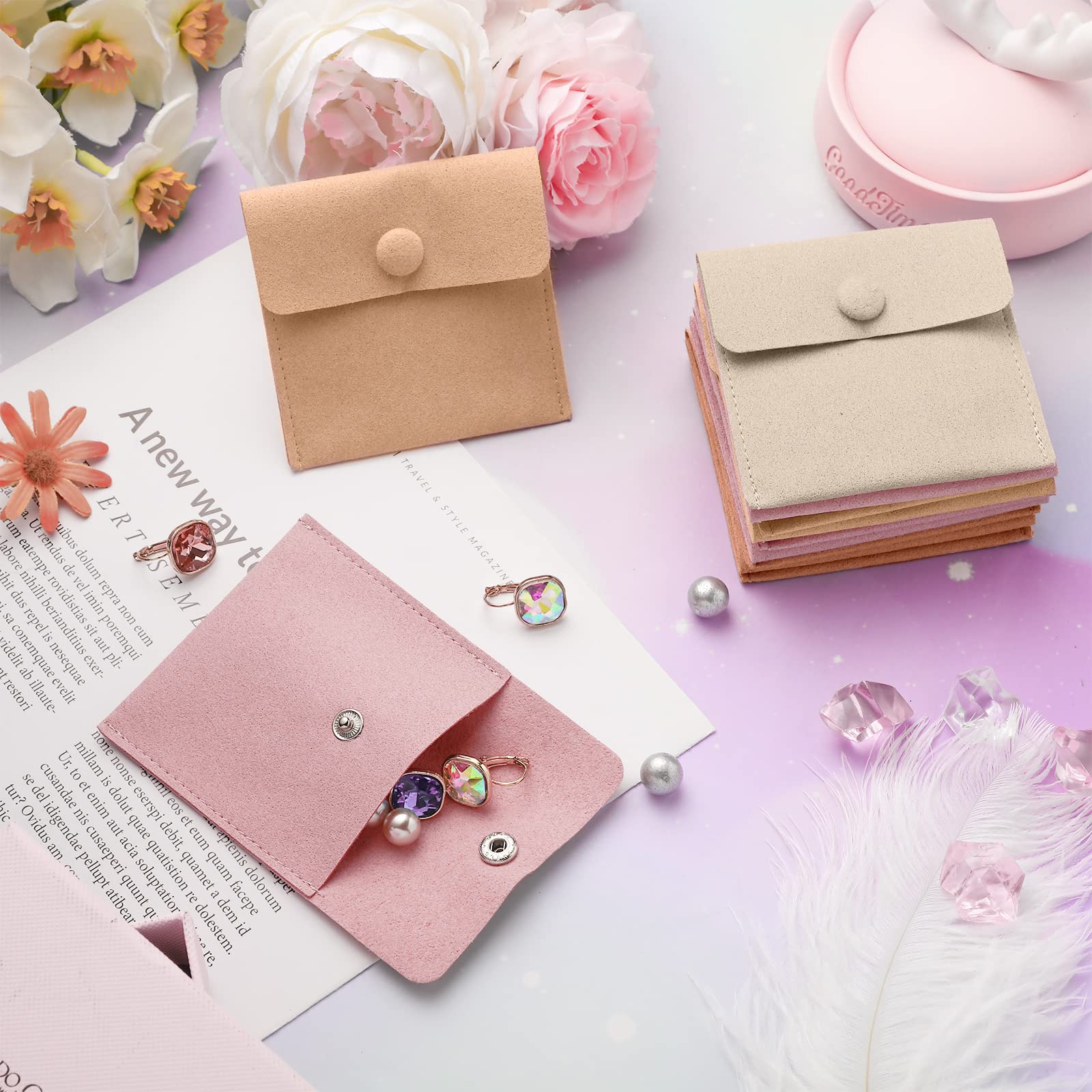 Bonuci Bolsa de microfibra para joyas, 8 x 8 cm, bolsa de embalaje de joyería, bolsa de regalo pequeña de lujo, botón a presión con divisor, bolsa de microfibra para embalaje de pulseras y collares