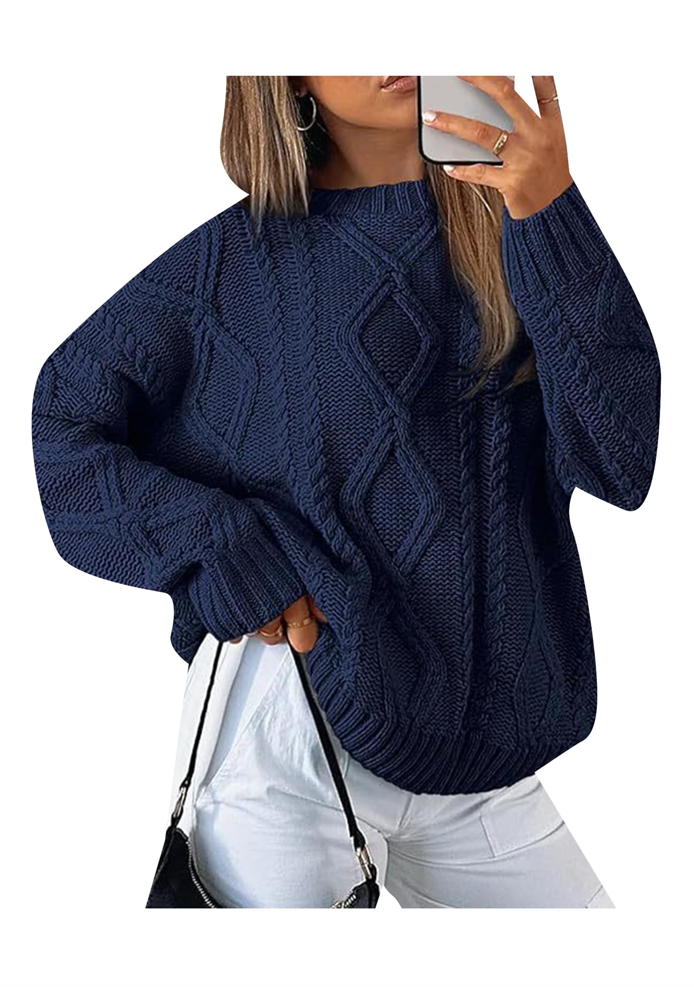 OMZIN Womens Long Sleeve Solid Color Sweater Casual Autumn Basic Tops Comfy Knit Chunky Ribbed Sweaters