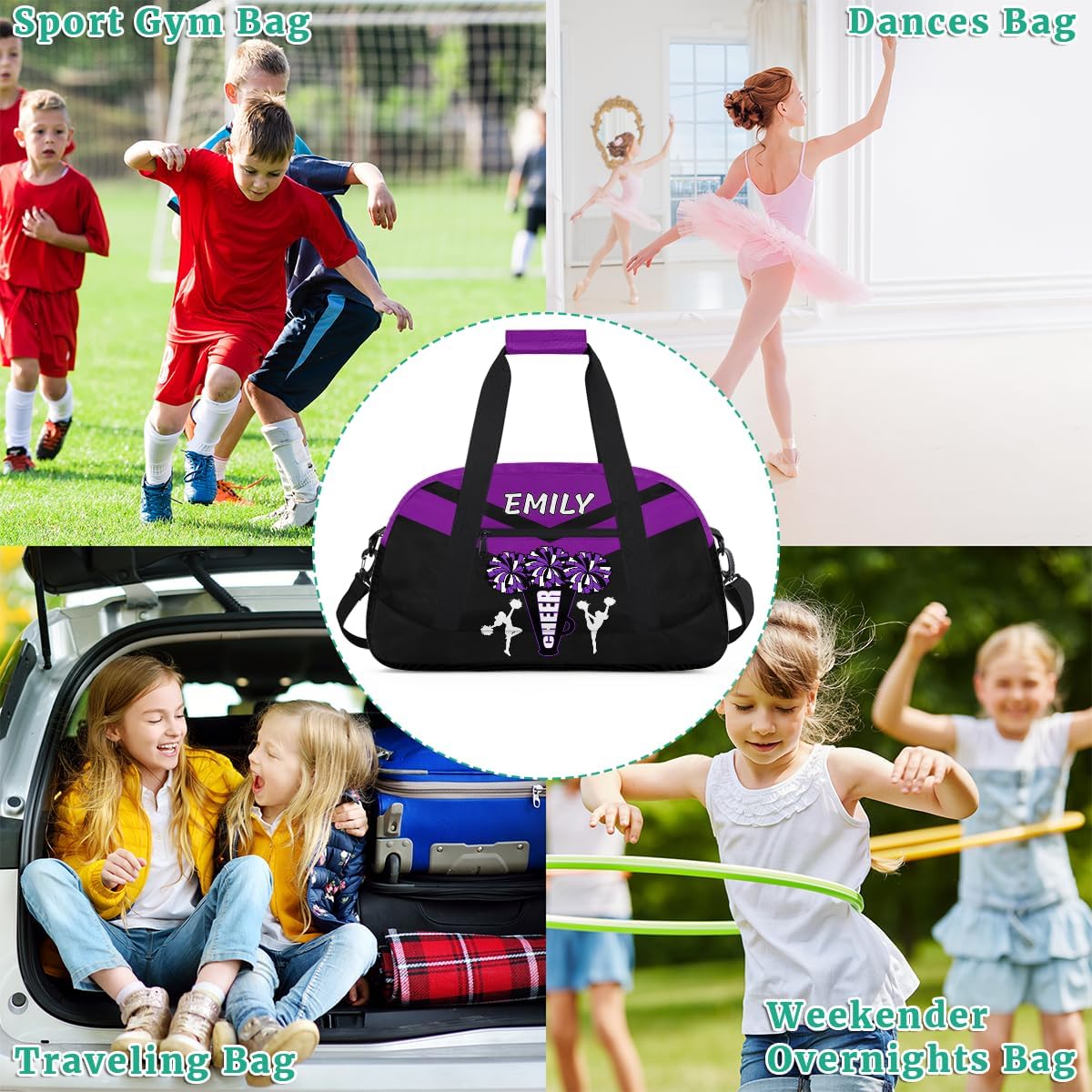 Personalize Cheer Duffel Bags with Custom Name & Text Sport Dance Gym Bags Garment Bags Gift for Girls Kids Cheerleaders Overnight Weekender Travel Purple Black 3
