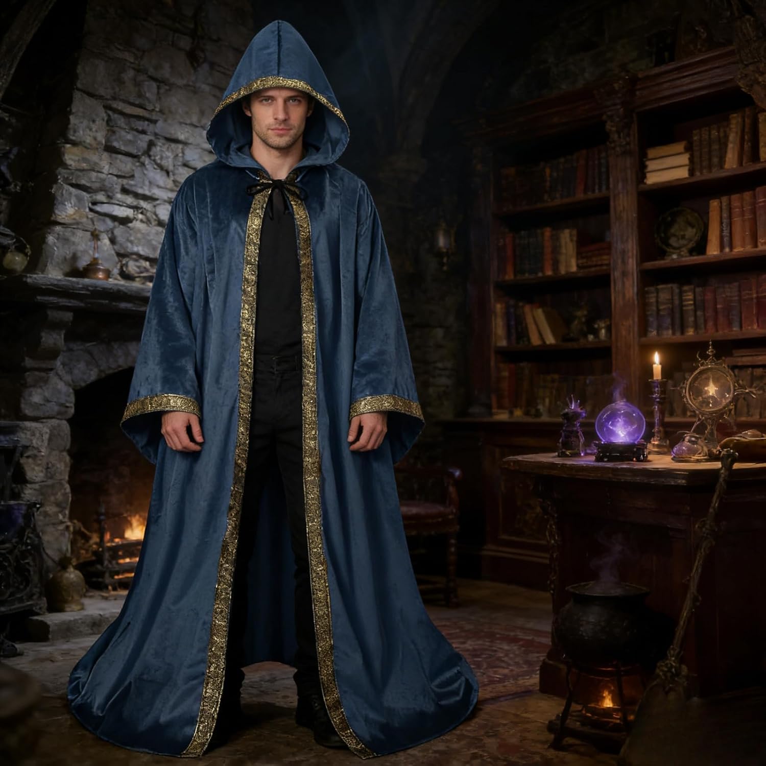 Unisex Wizard Cloak Robes With Hood Sleeves Dutch Velvet Cosplay Costume